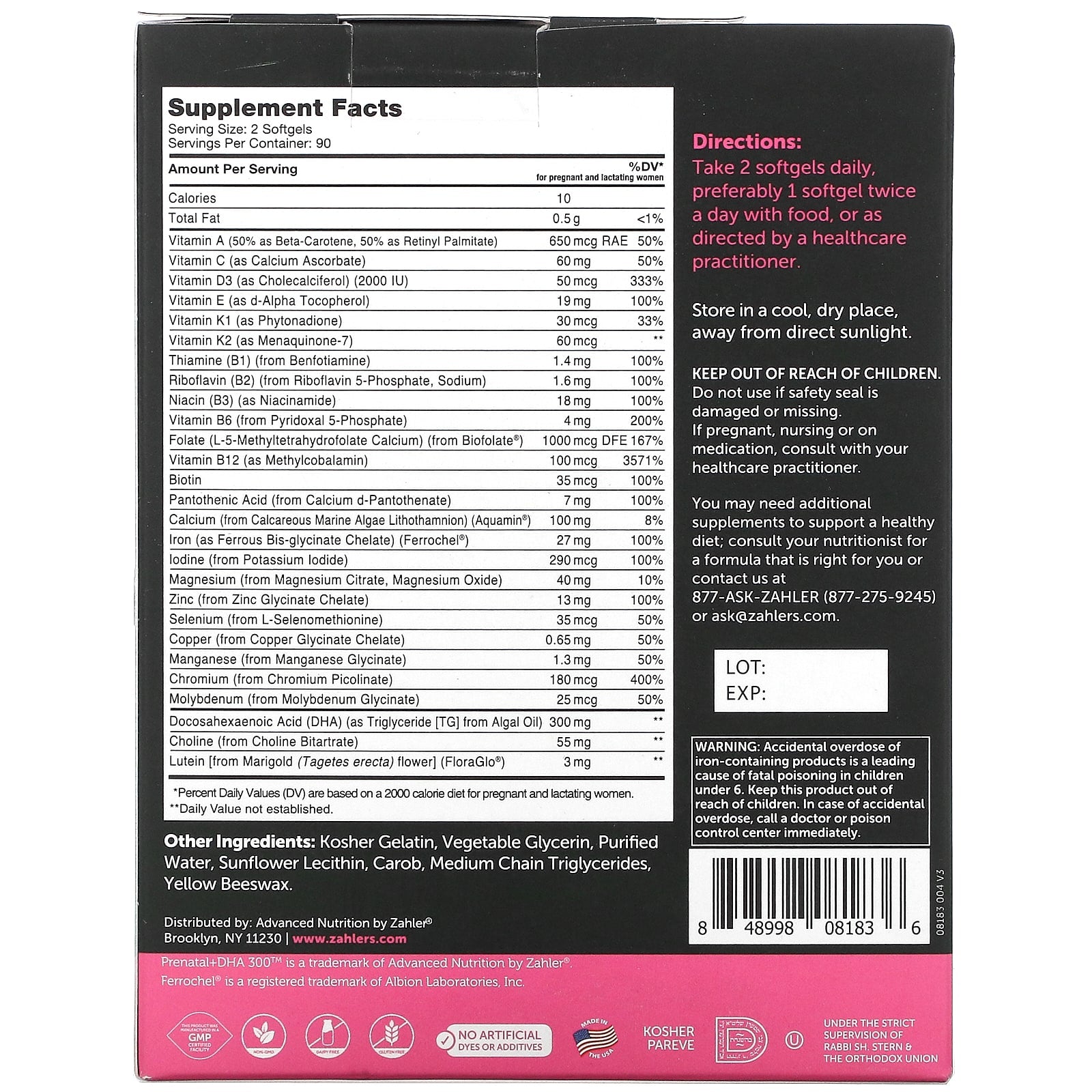Zahler, Prenatal + DHA 300 Optimal Formula, 180 Softgels - Image 2