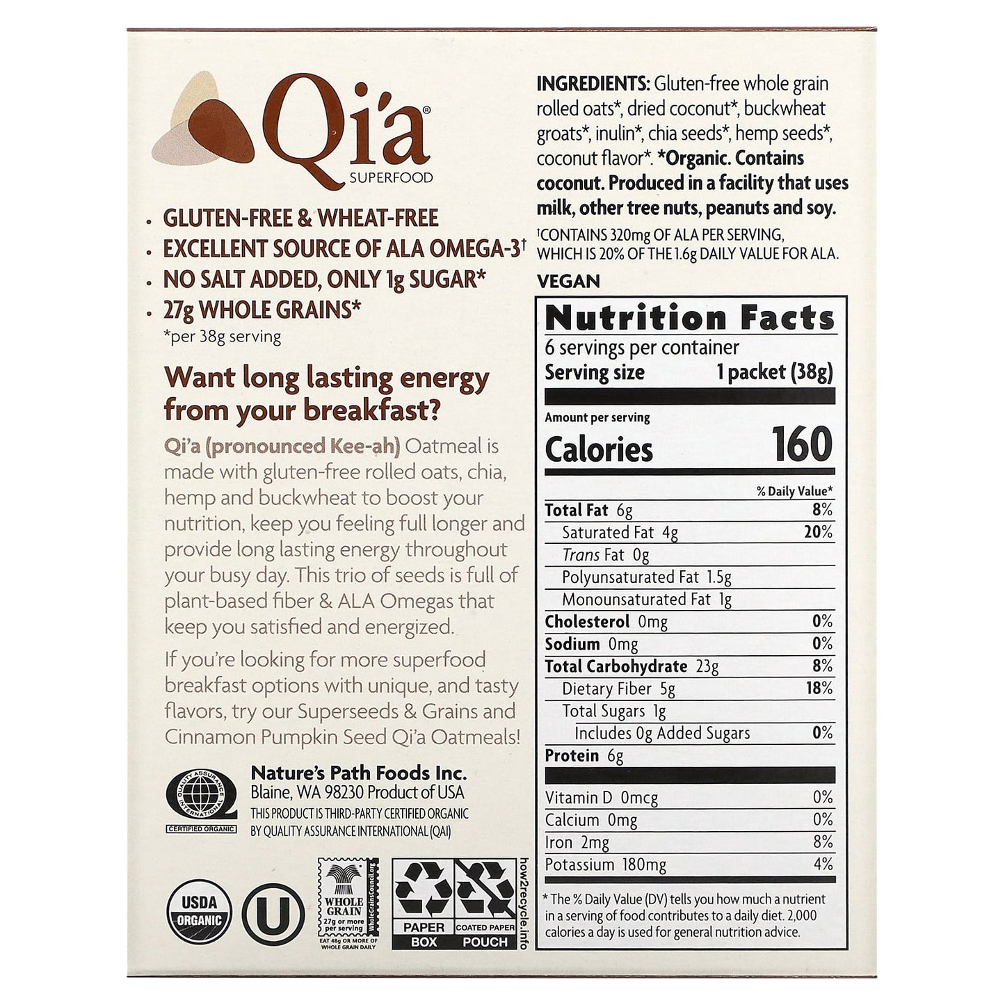 Nature's Path, Qi'a Superfood Oatmeal, Creamy Coconut, 6 Packets, 8 oz (228 g) - Image 2