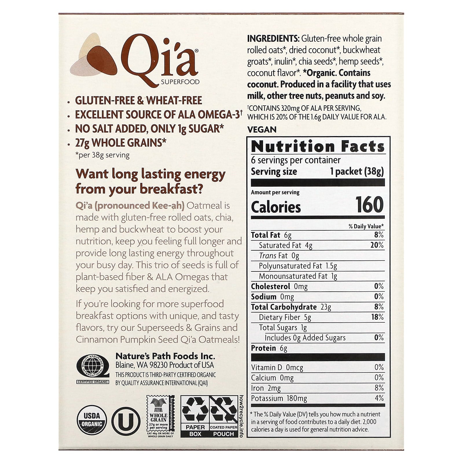 Nature's Path, Qi'a Superfood Oatmeal, Creamy Coconut, 6 Packets, 8 oz (228 g) - Image 2