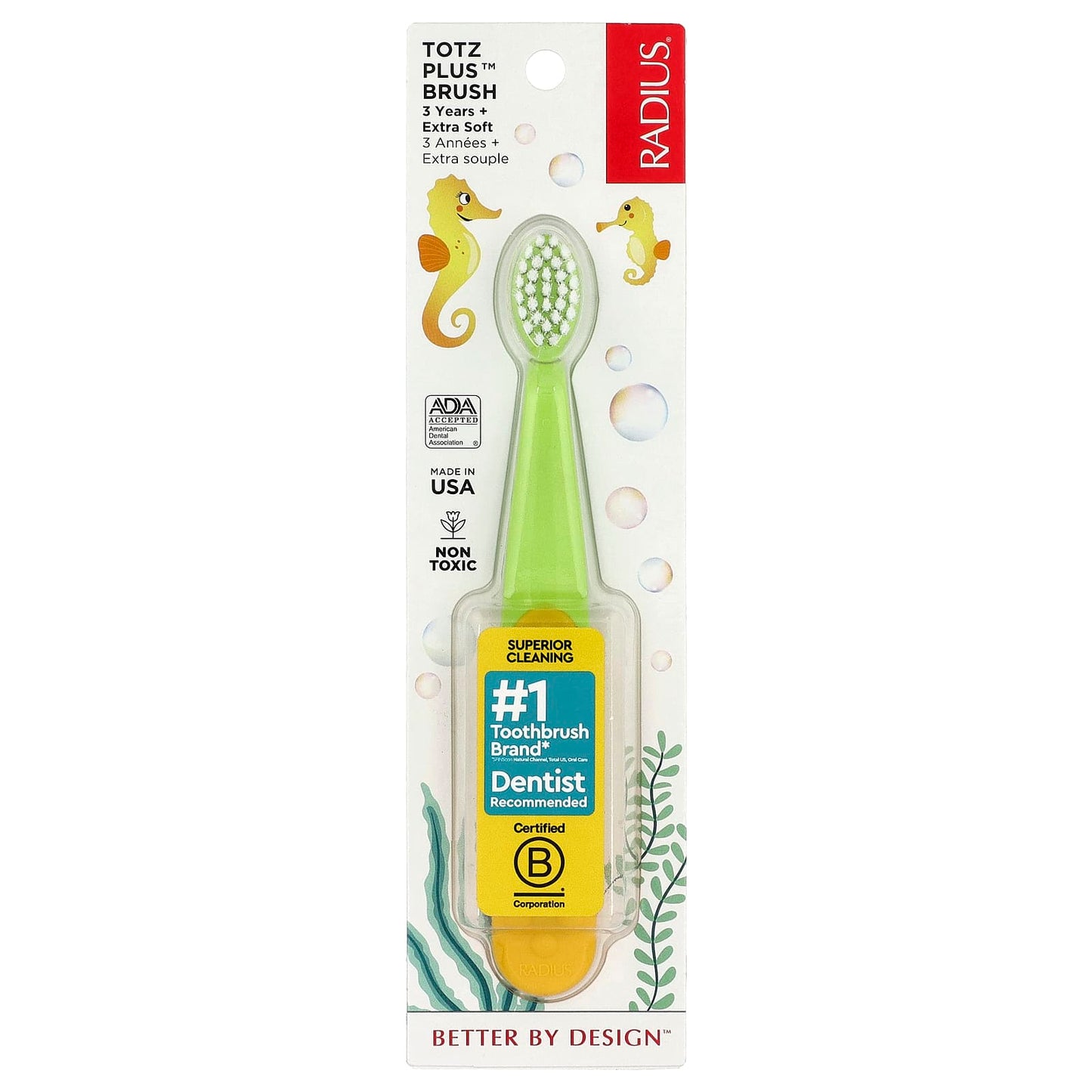 RADIUS, Totz Plus™ Brush, 3 Years +, Extra Soft, Green/Yellow, 1 Toothbrush - Image 1