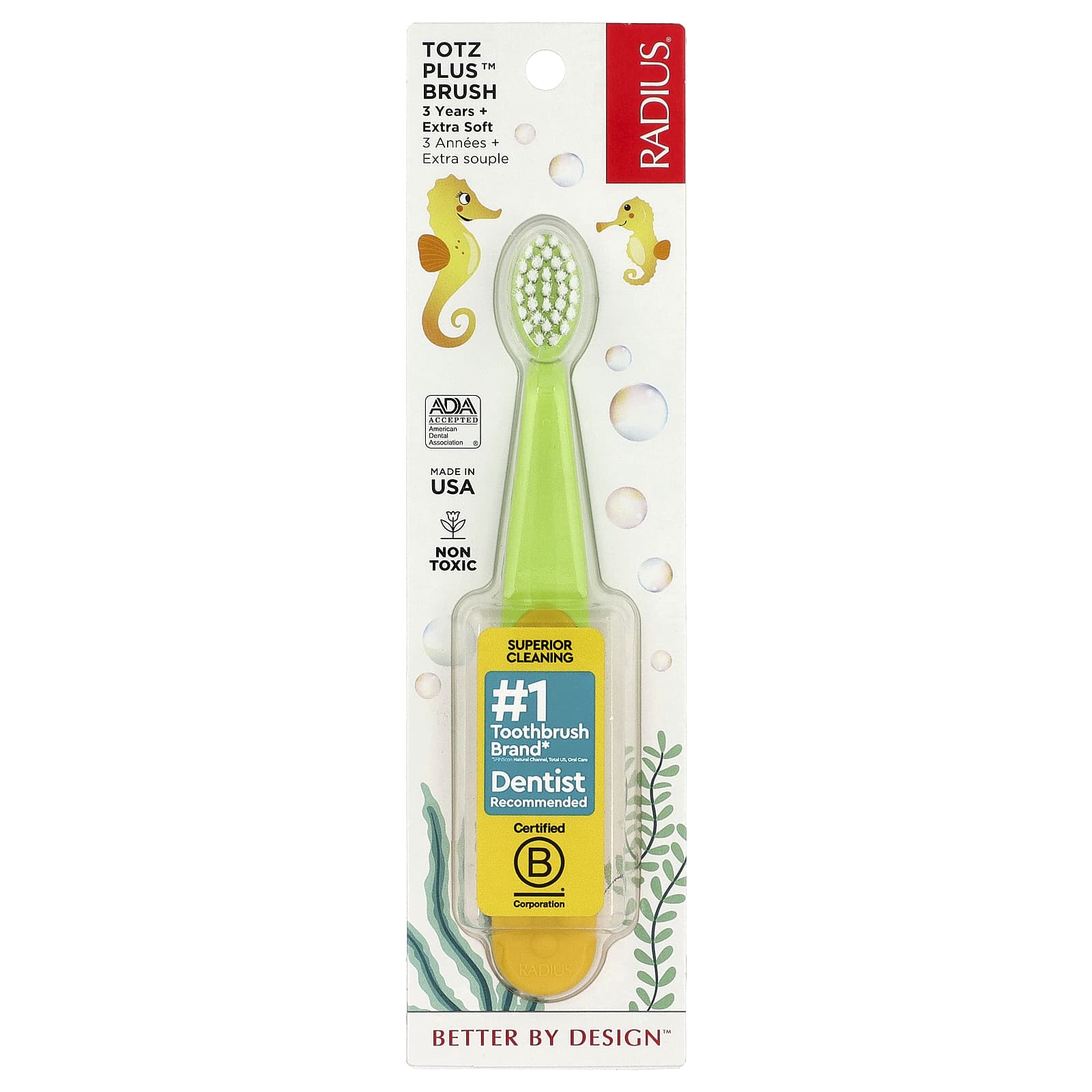 RADIUS, Totz Plus™ Brush, 3 Years +, Extra Soft, Green/Yellow, 1 Toothbrush - Image 1