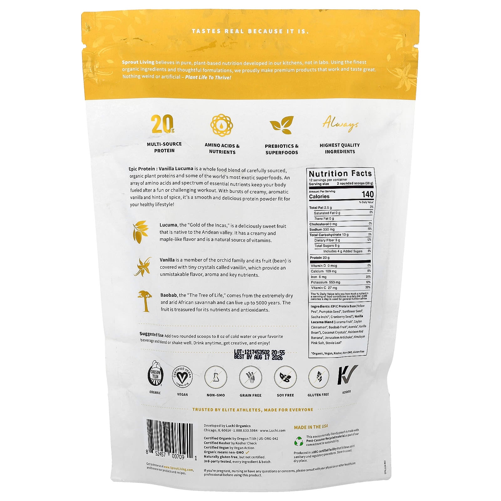 Sprout Living, Epic Protein®, Organic Plant Protein + Superfoods, Vanilla Lucuma, 1 lb (456 g) - Image 2