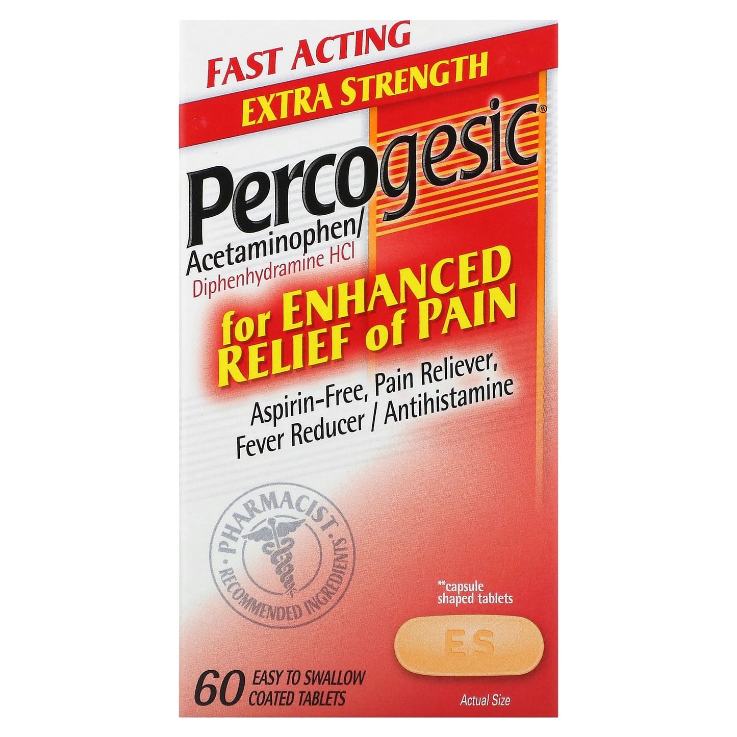 Percogesic, Acetaminophen/Diphenhydramine HCl, Extra Strength, 60 Easy To Swallow Coated Tablets - Image 1