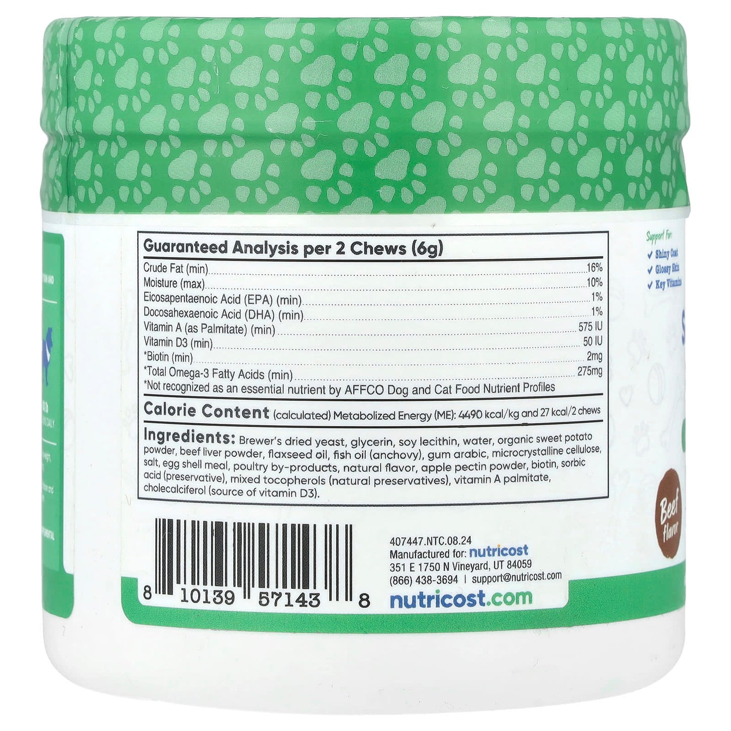 Nutricost, Pets, Skin & Coat Support, For Dogs, Beef, 60 Soft Chews, 6.4 oz (180 g) - Image 2