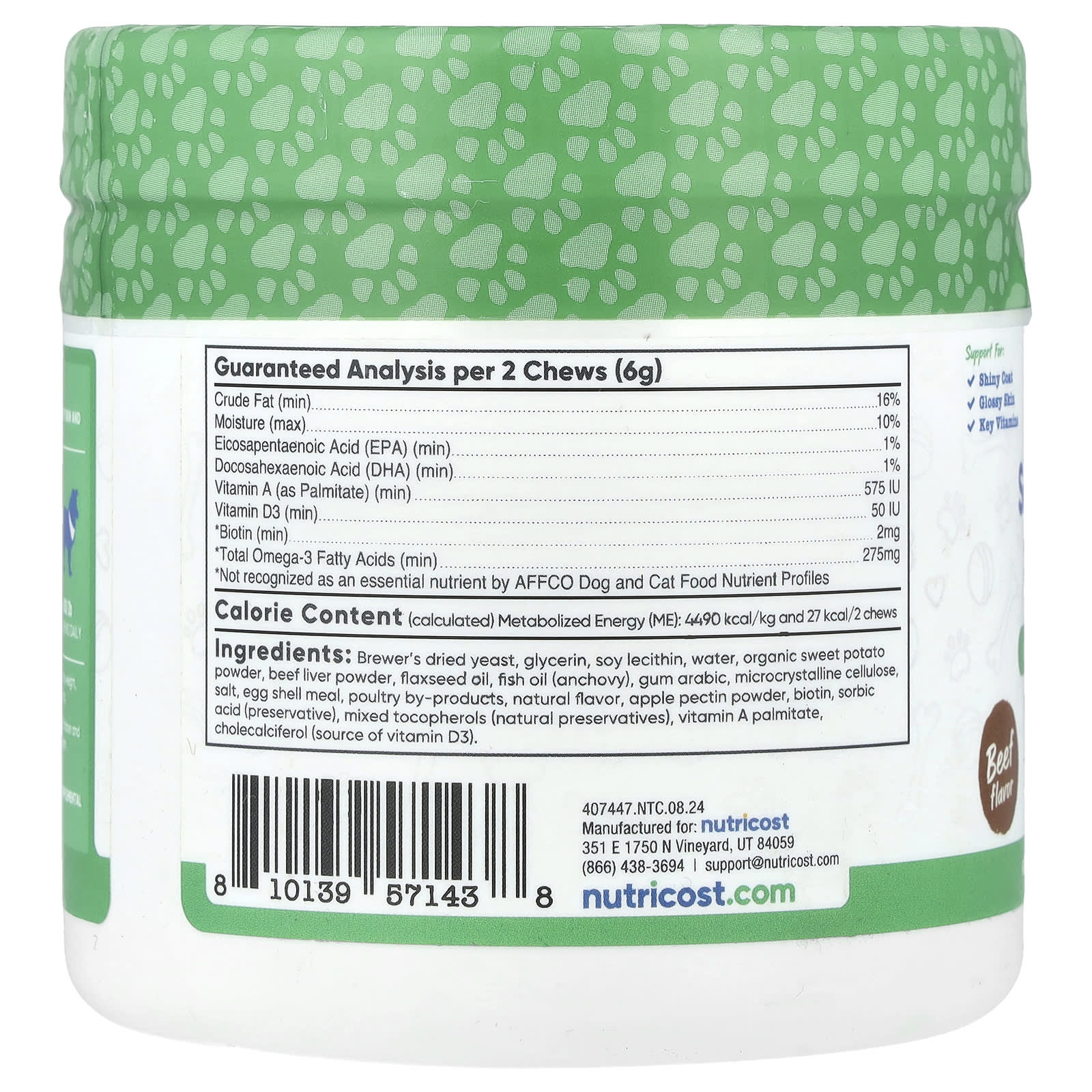 Nutricost, Pets, Skin & Coat Support, For Dogs, Beef, 60 Soft Chews, 6.4 oz (180 g) - Image 2