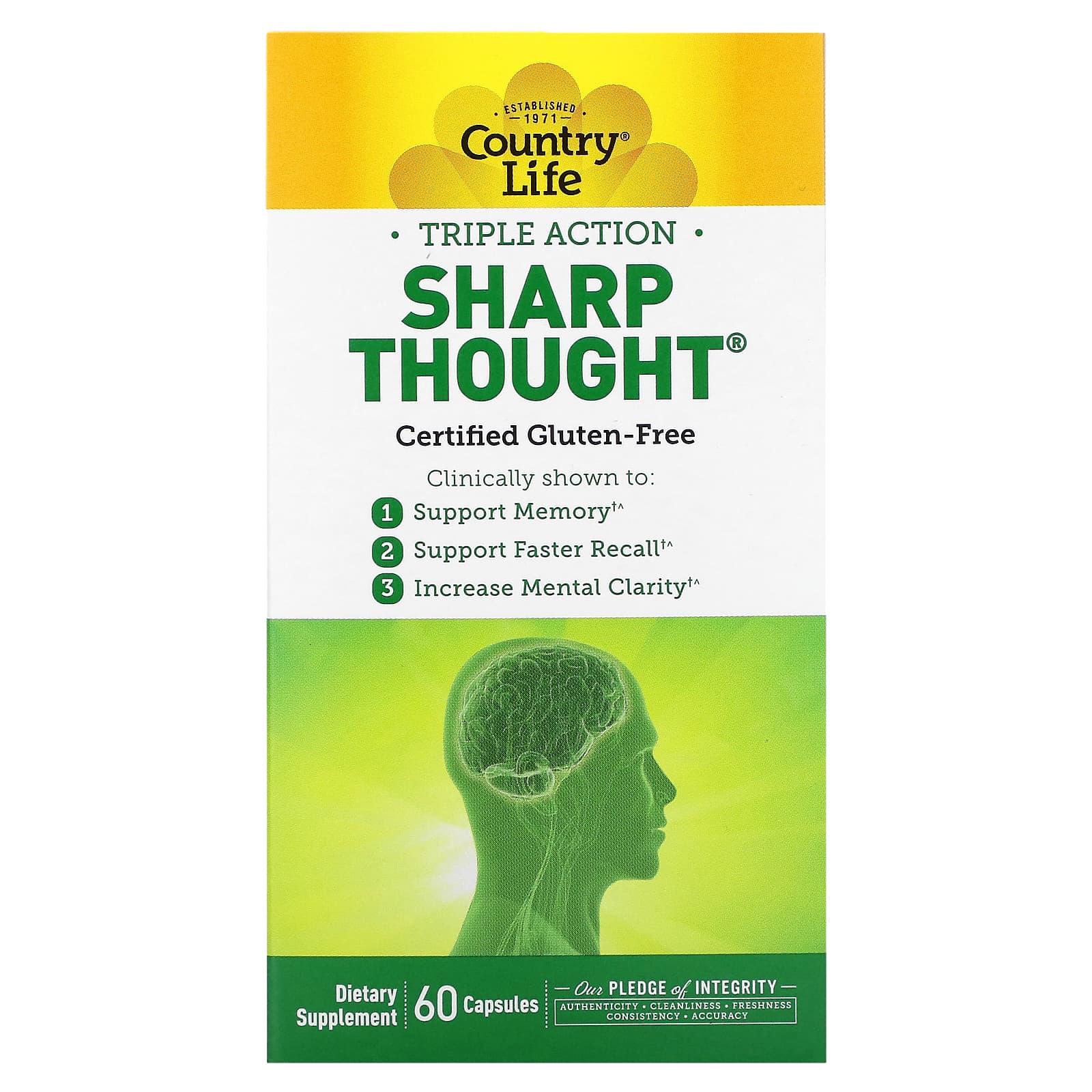 Country Life Triple Action Sharp Thought Dietary Supplement 60 Capsules - Image 1