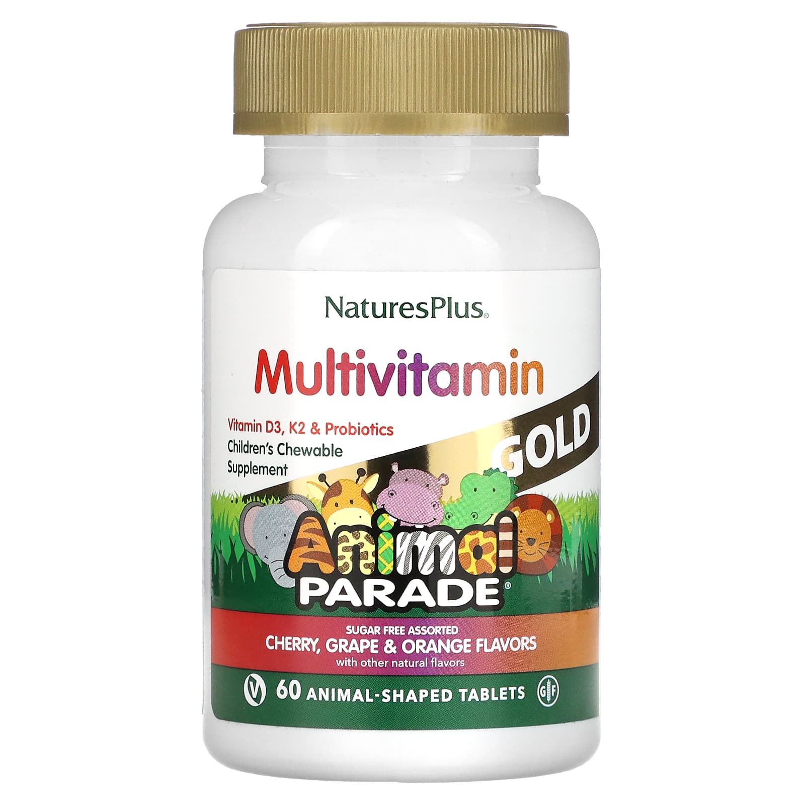 NaturesPlus, Animal Parade Gold, Children's Chewable Supplement, Cherry, Grape & Orange, 60 Animal-Shaped Tablets - Image 1