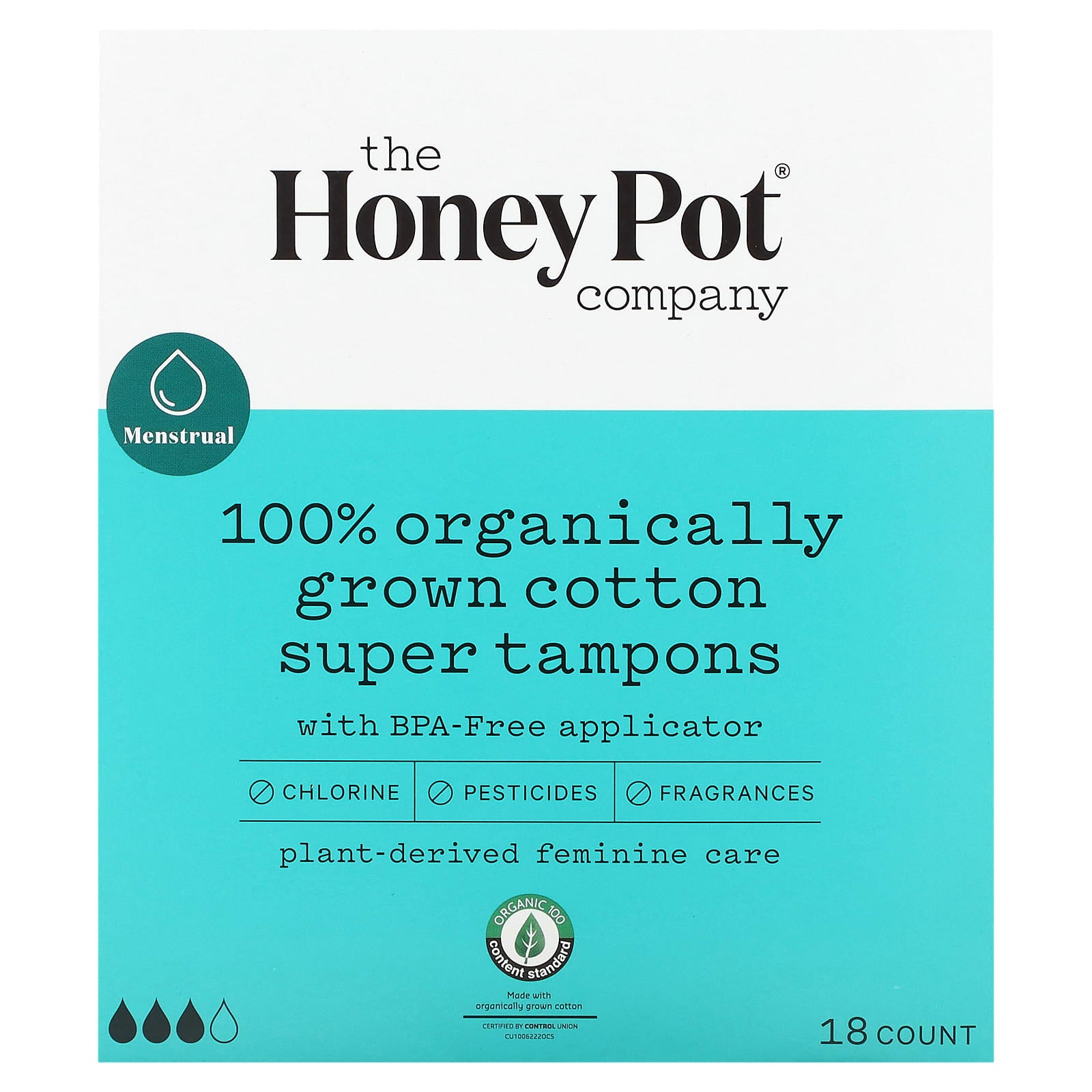 The Honey Pot Company, 100% Organically Grown Cotton Tampons, Super, 18 Count - Image 1