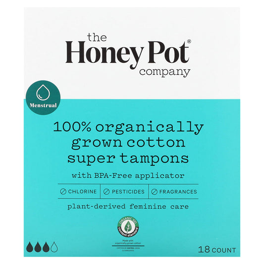 The Honey Pot Company, 100% Organically Grown Cotton Tampons, Super, 18 Count - Image 1