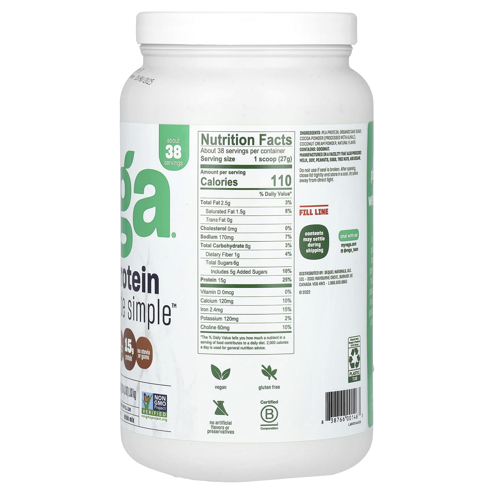Vega, Plant-Based Protein Made Simple, Dark Chocolate, 2 lb 4.3 oz  (1.03 kg) - Image 2