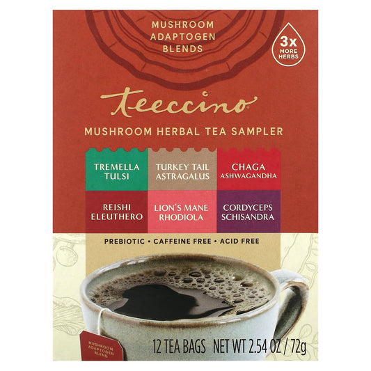 Teeccino, Mushroom Herbal Tea Sampler, 6 Flavors, Caffeine Free, 12 Tea Bags, 2.54 oz (72 g) - Image 1