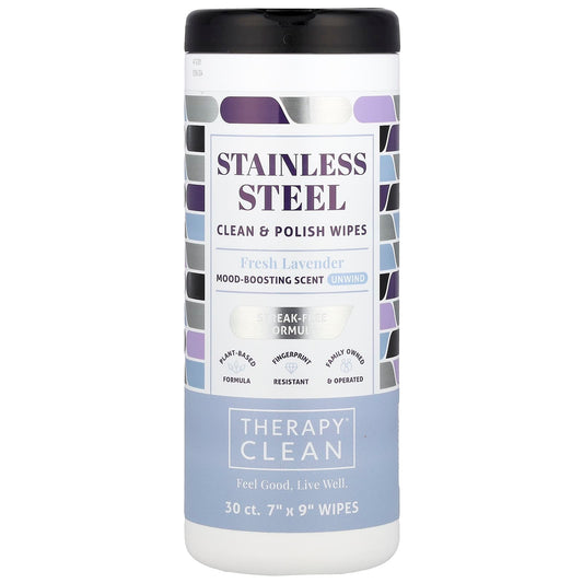 Therapy Clean, Stainless Steel, Clean & Polish Wipes, Fresh Lavender , 30 Wipes - Image 1