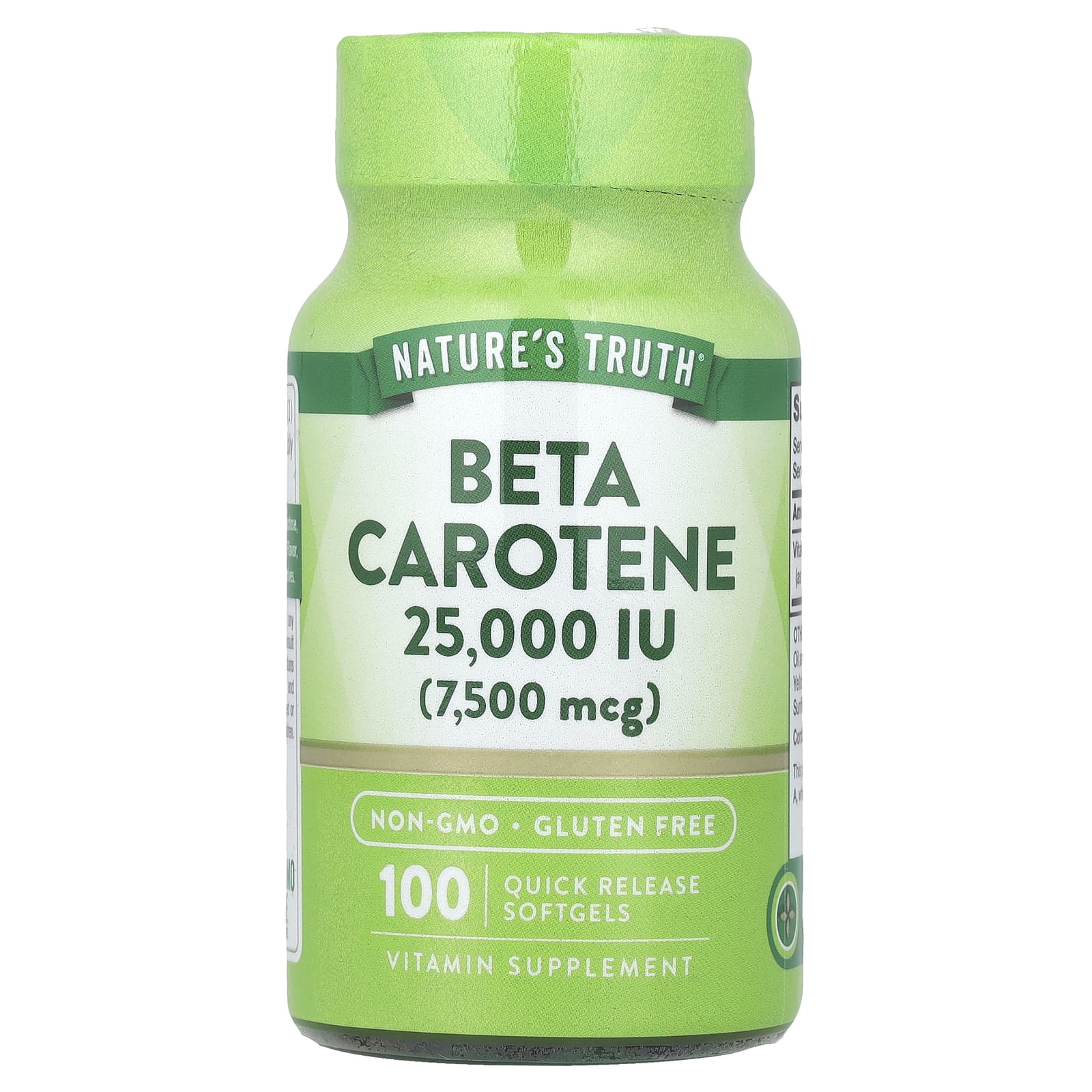 Nature's Truth, Beta Carotene, 7,500 mcg (25,000 IU), 100 Quick Release Softgels - Image 1