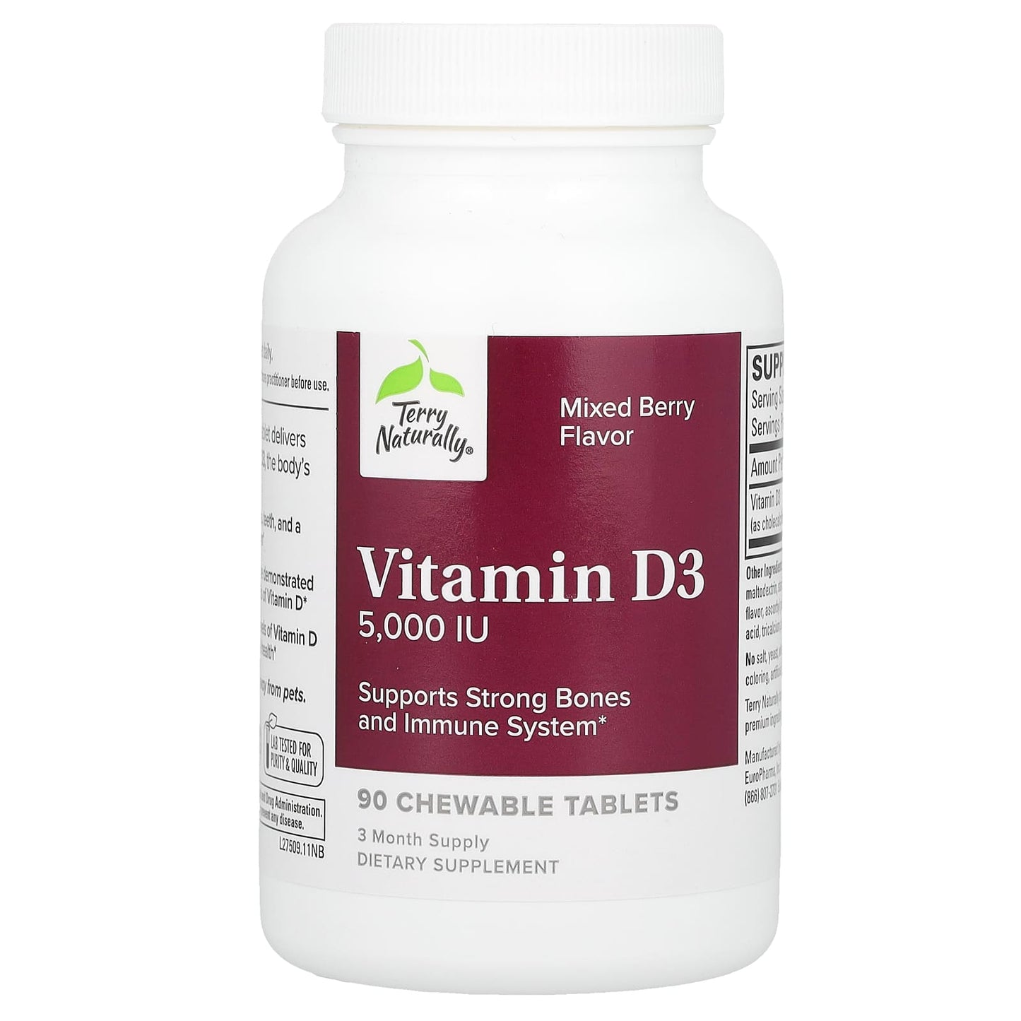Terry Naturally, Vitamin D3, Mixed Berry, 5,000 IU, 90 Chewable Tablets - Image 1