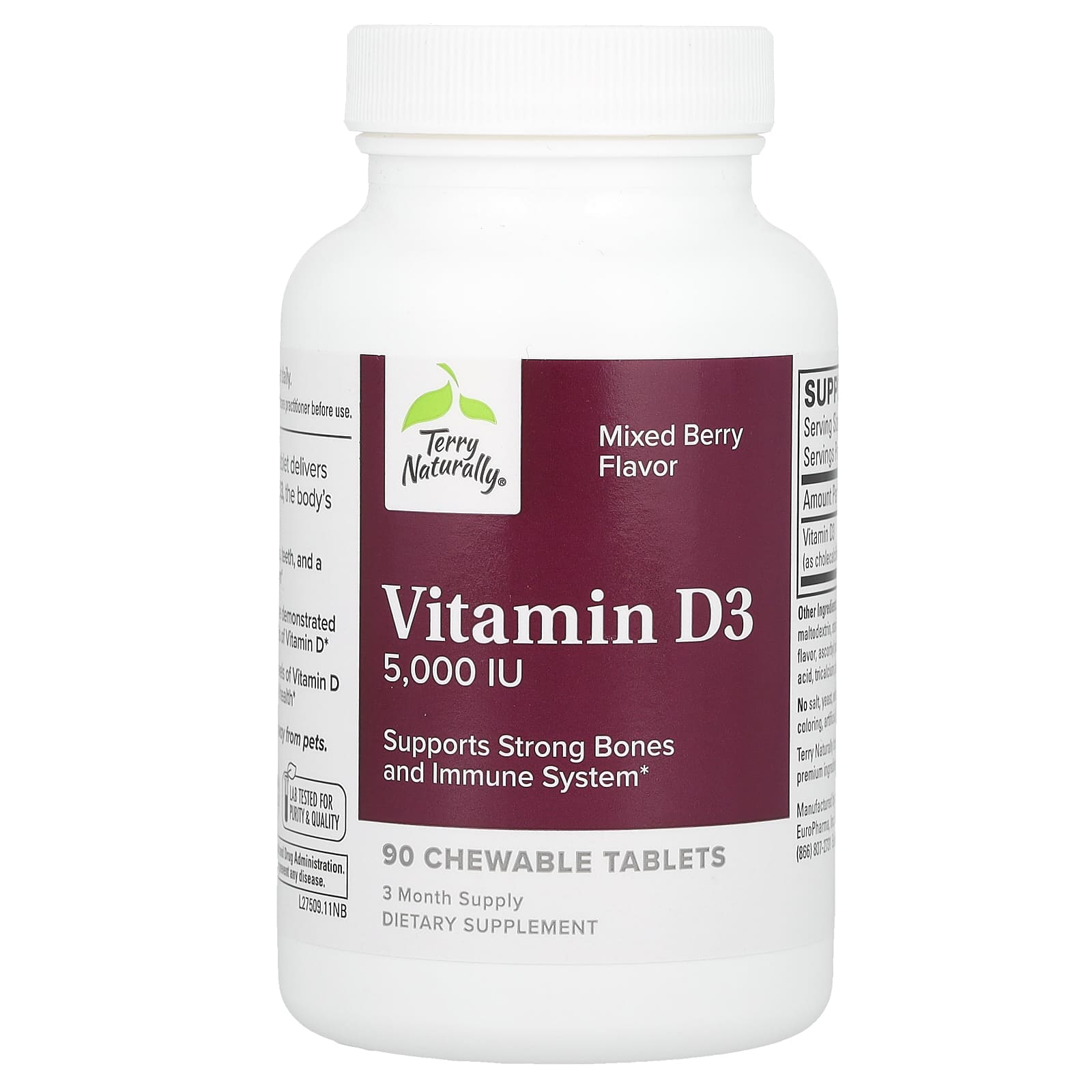 Terry Naturally, Vitamin D3, Mixed Berry, 5,000 IU, 90 Chewable Tablets - Image 1