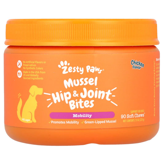Zesty Paws, Mussel Hip & Joint Bites, For Dogs, All Ages, Chicken, 90 Soft Chews, 7.9 oz (225 g) - Image 1