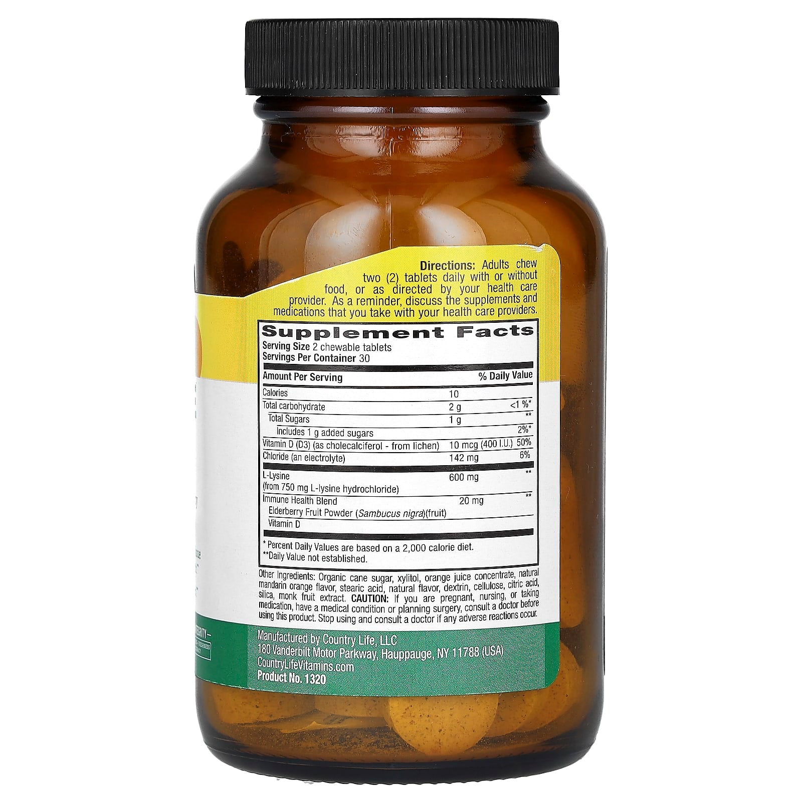 Country Life, Chewable L-Lysine With Vitamin D and Elderberry, Tangy Orange Twist, 600 mg, 60 Chewable Tablets (300 mg per Tablet)