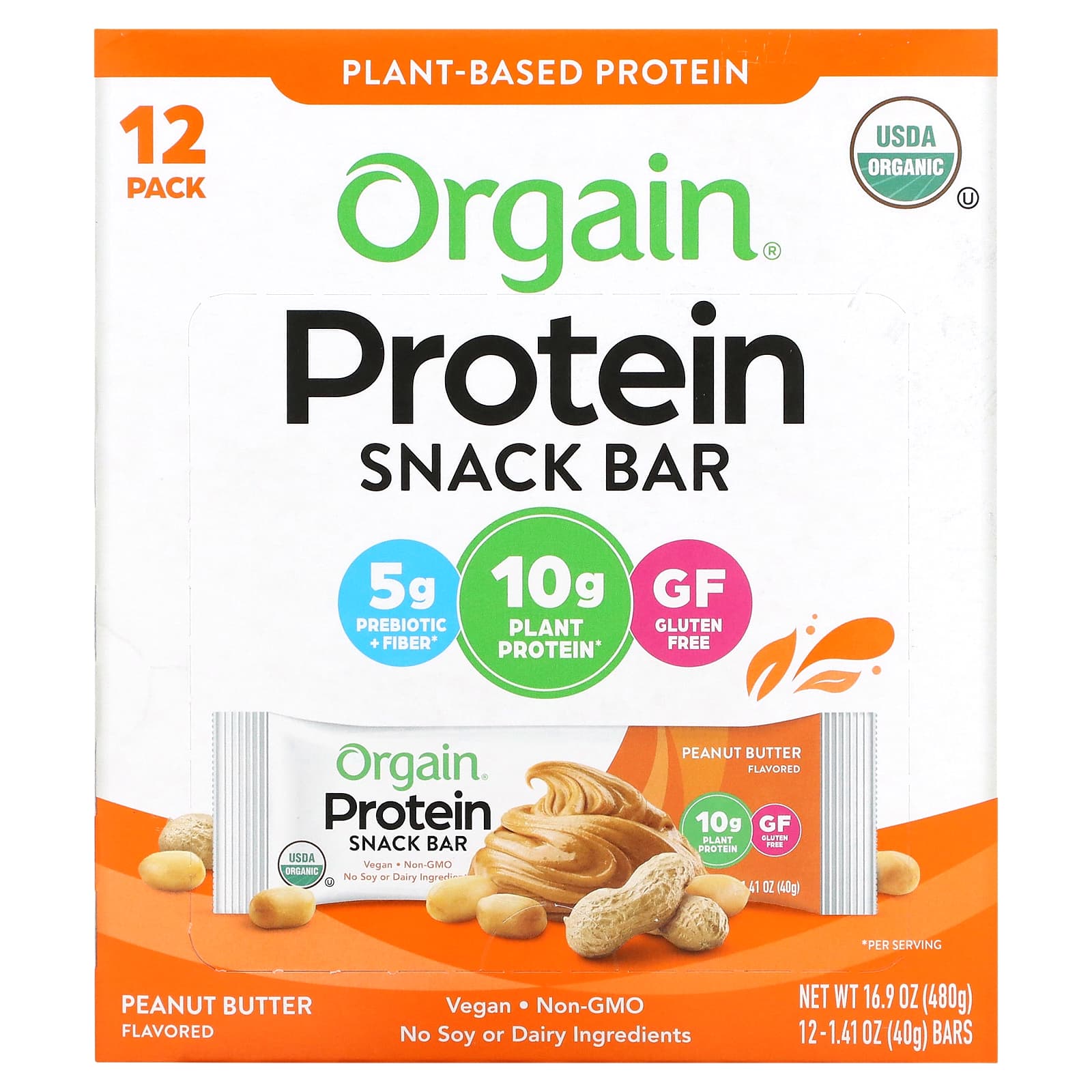 Orgain, Organic Plant-Based Protein Bar, Peanut Butter, 12 Bars, 1.41 oz (40 g) Each - Image 1