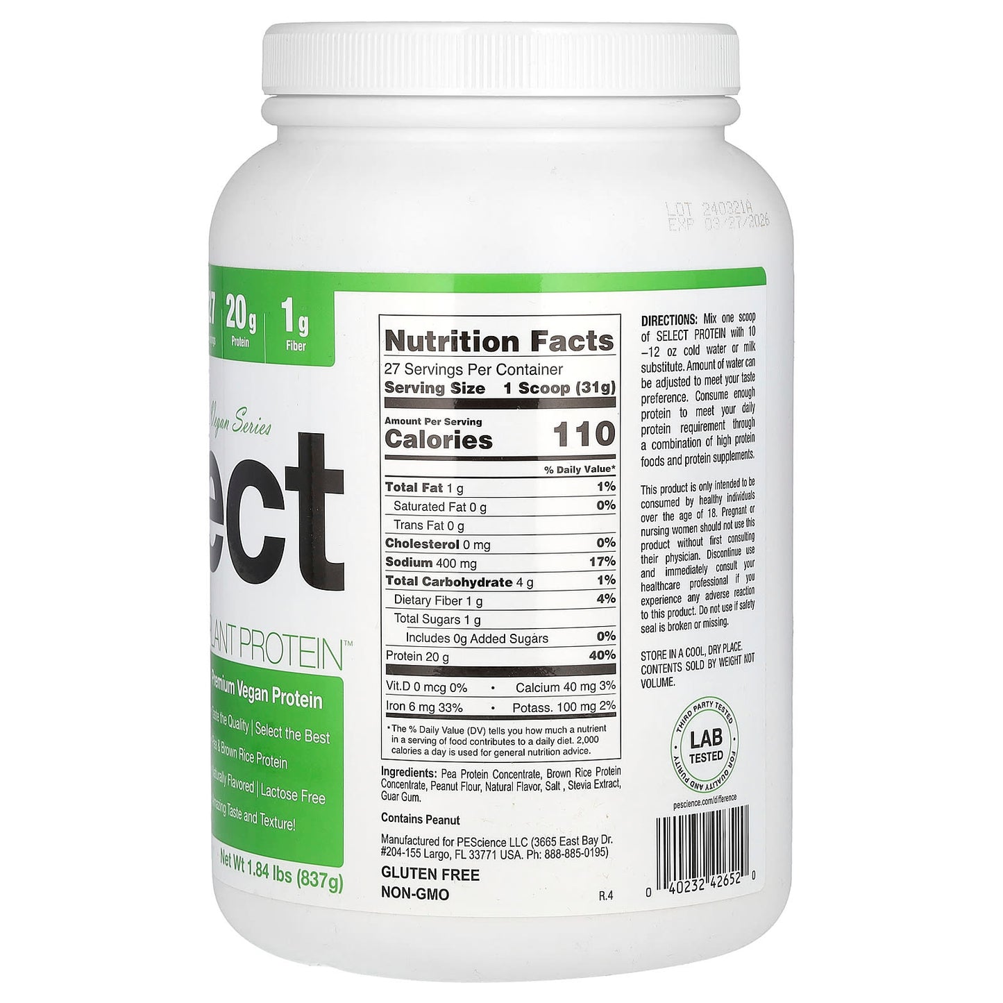 PEScience, Vegan Series, Select Plant Protein, Peanut Butter Delight, 1.84 lbs (837 g) - Image 2