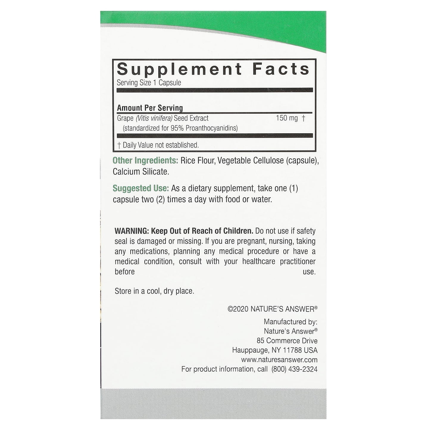 Nature's Answer, Grape Seed, 150 mg, 60 Vegetarian Capsules - Image 2