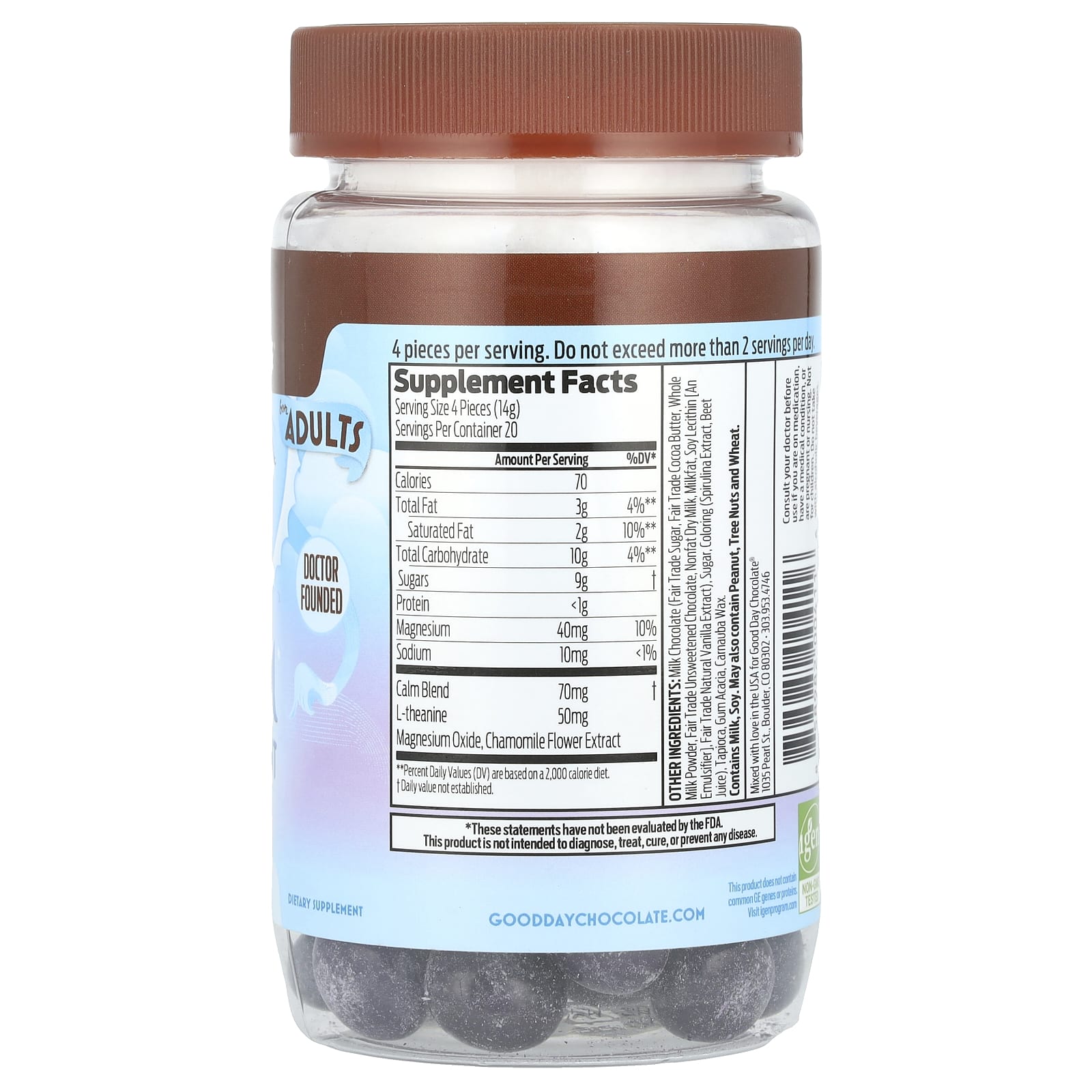 Good Day Chocolate, Calm Supplement, For Adults, Milk Chocolate, 80 Candy Coated Pieces