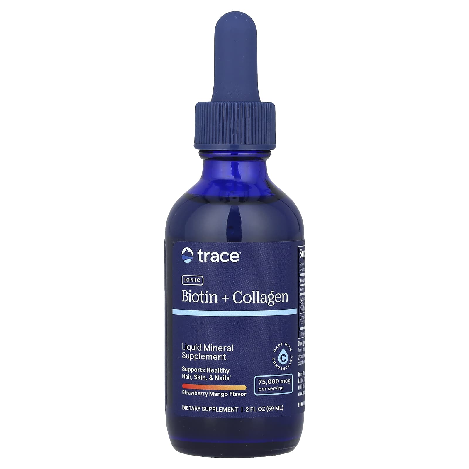 Trace, Ionic Biotin + Collagen, Strawberry Mango, 75,000 mcg, 2 fl oz (59 ml) - Image 1