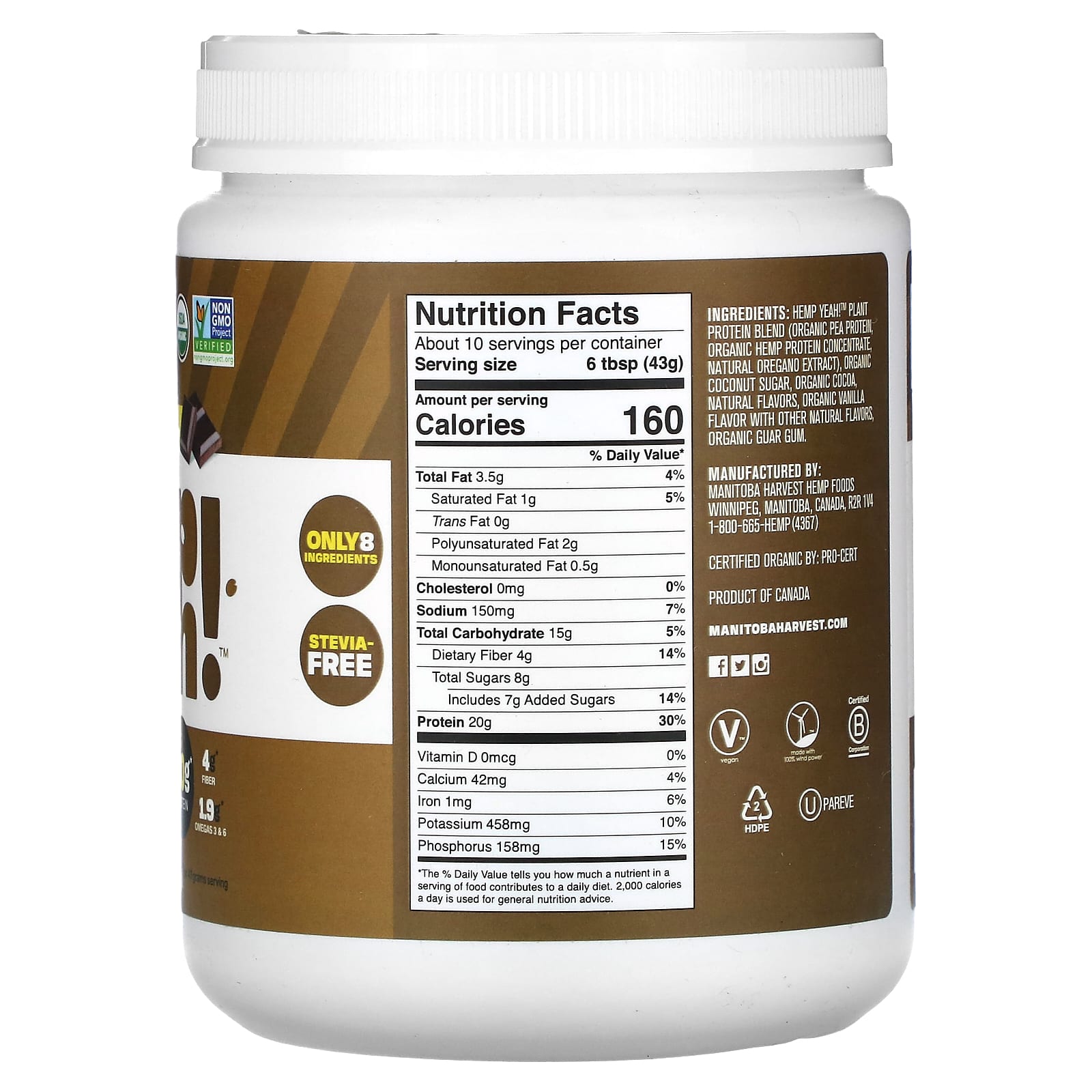 Manitoba Harvest, Organic Hemp Yeah!, Plant Protein Blend, Chocolate, 1 lb (454 g) - Image 2