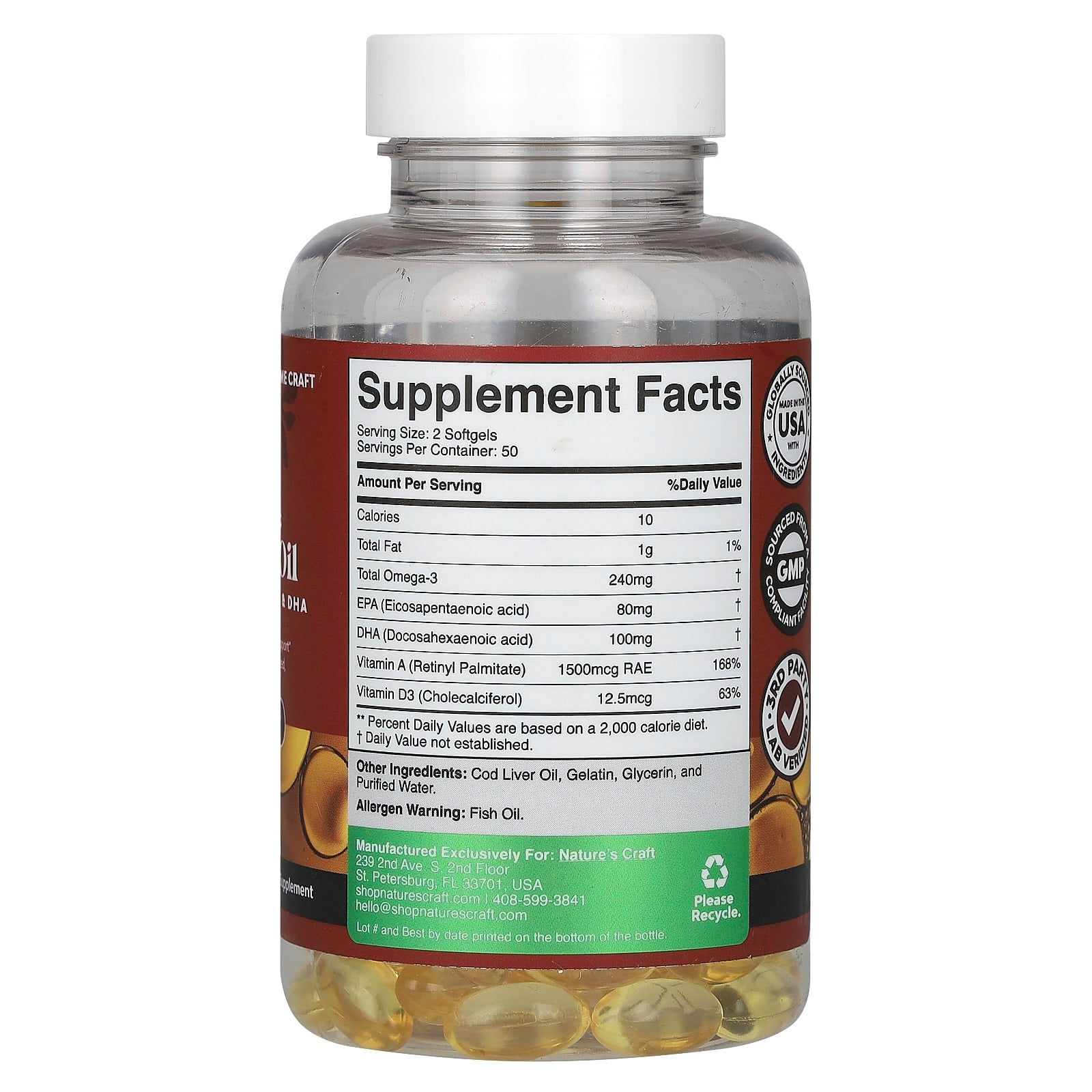 Nature's Craft, Wild Icelandic Cod Liver Oil, 100 Softgels - Image 2