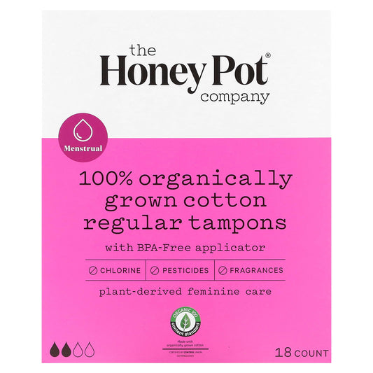 The Honey Pot Company, 100% Organically Grown Cotton Tampons, Regular, 18 Count - Image 1