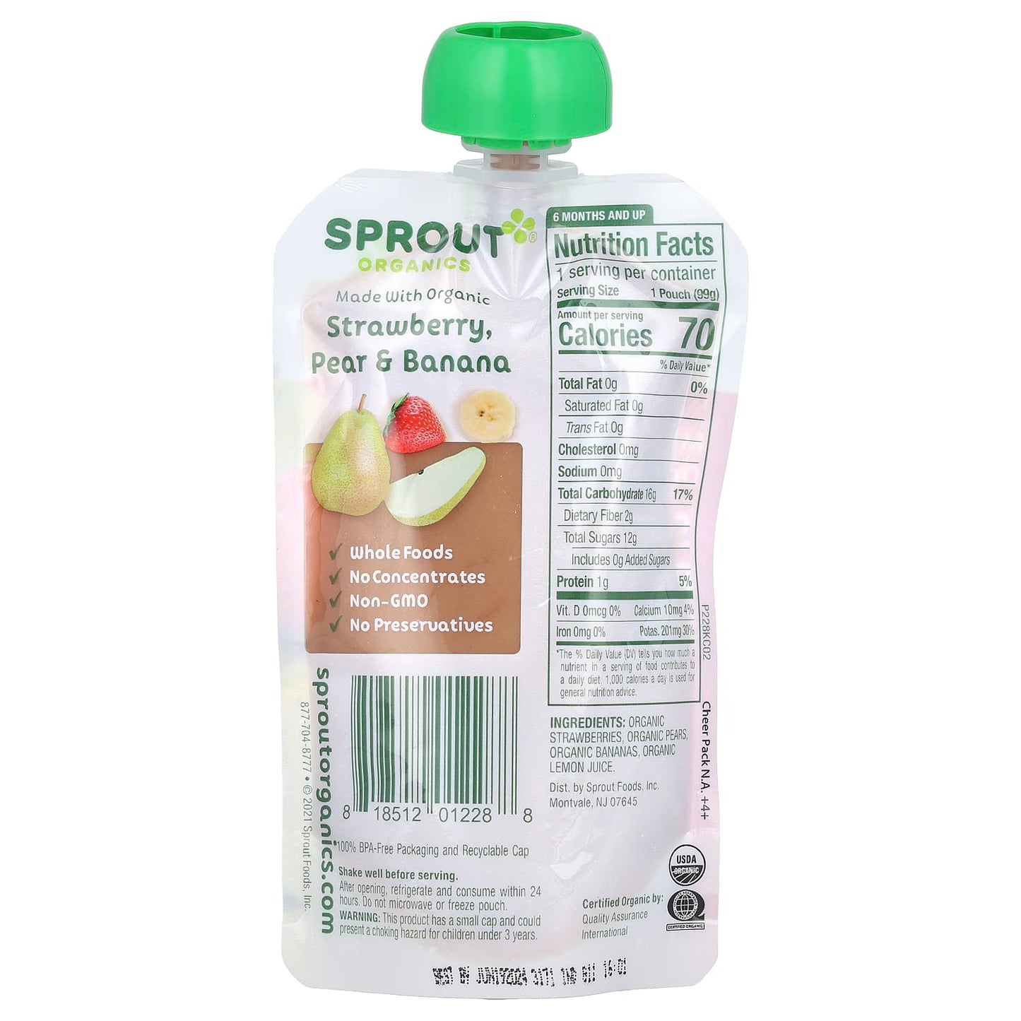 Sprout Organics, Baby Food, 6 Months & Up, Strawberry, Pear, & Banana, 3.5 oz (99 g)