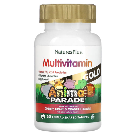 NaturesPlus, Animal Parade Gold, Children's Chewable Supplement, Cherry, Grape & Orange, 60 Animal-Shaped Tablets - Image 1