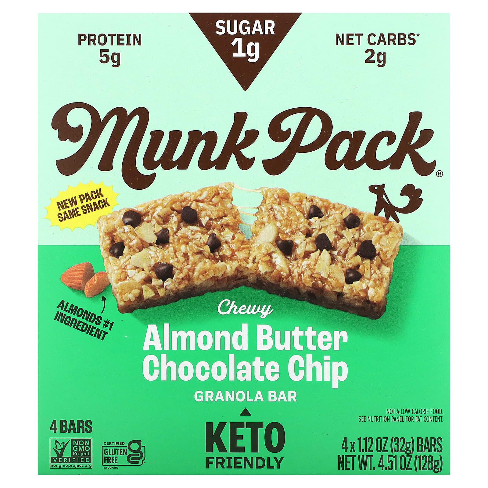 Munk Pack, Chewy Granola Bar, Almond Butter Chocolate Chip, 4 Bars, 1.12 oz (32 g) Each - Image 1