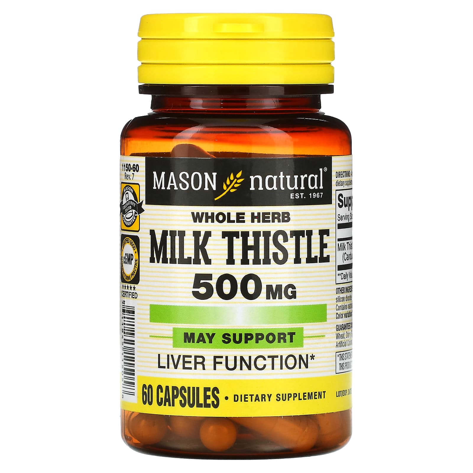 Mason Natural, Whole Herb Milk Thistle, 500 mg, 60 Capsules - Image 1