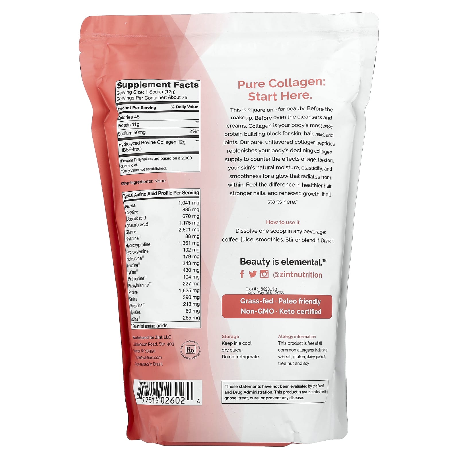 Zint, Pure Grass-Fed Collagen Peptides, Unflavored, Bag, 32 oz (907 g) - Image 2