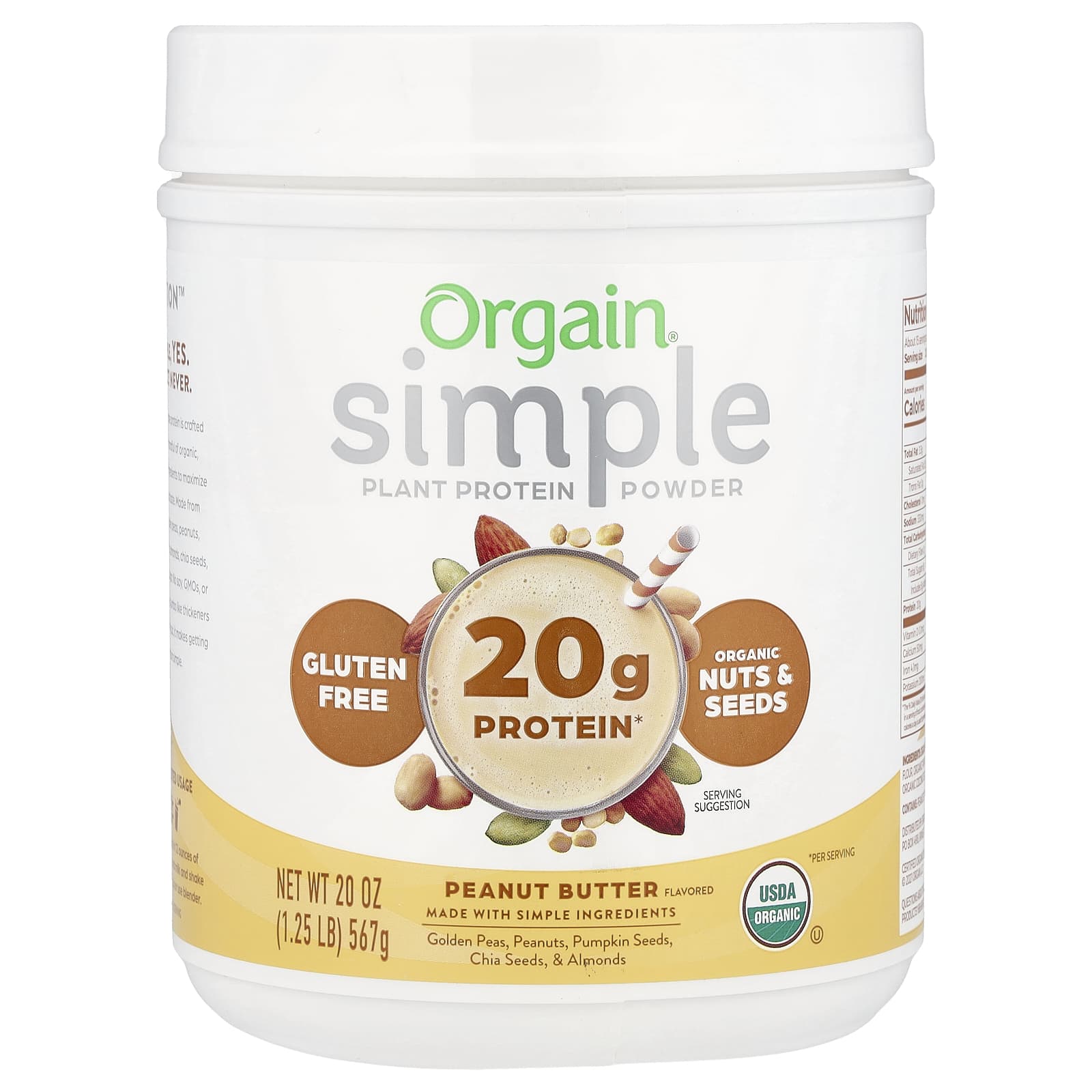 Orgain, Simple, Plant Protein Powder, Peanut Butter, 20 oz (567 g) - Image 1
