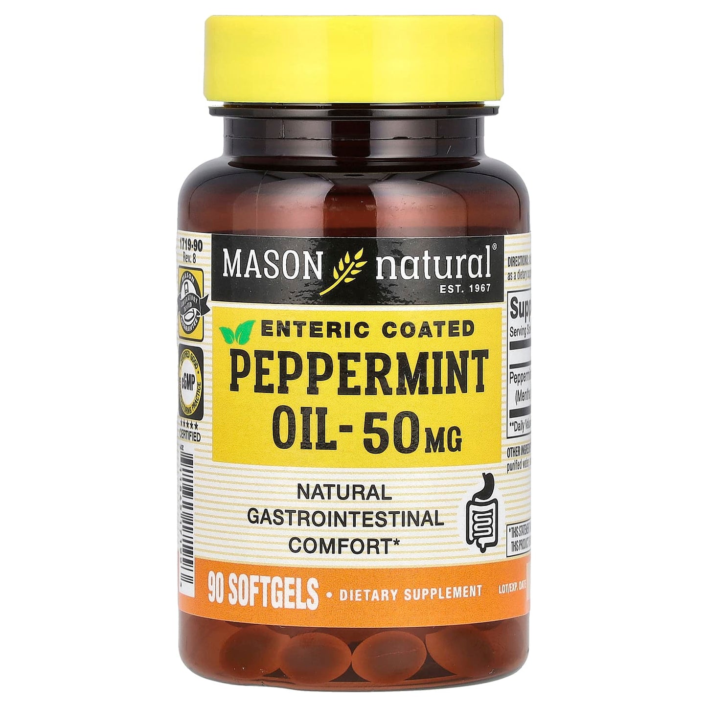 Mason Natural, Peppermint Oil, Enteric Coated, 50 mg, 90 Softgels - Image 1