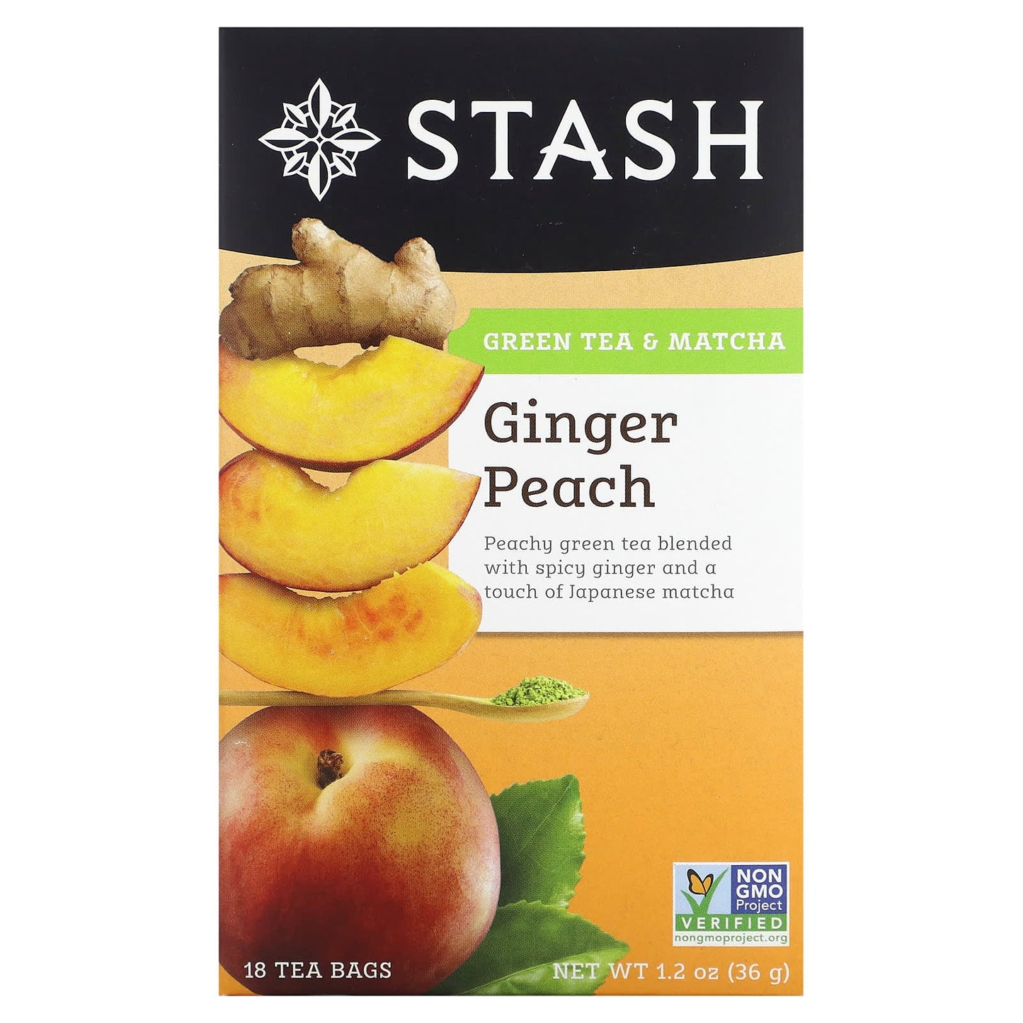 Stash Tea, Green Tea & Matcha, Ginger Peach, 18 Tea Bags, 1.2 oz (36 g) - Image 1