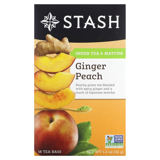 Stash Tea, Green Tea & Matcha, Ginger Peach, 18 Tea Bags, 1.2 oz (36 g) - Image 1