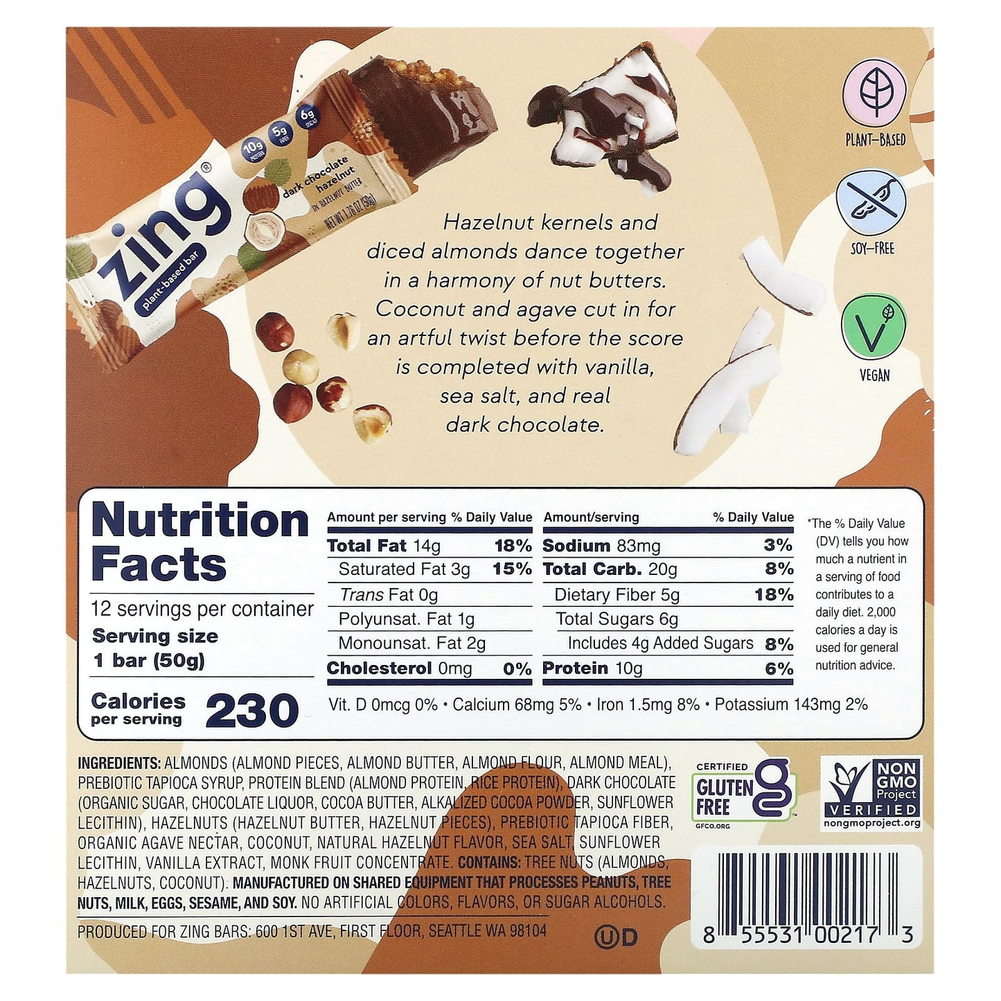 Zing Bars, Plant-Based Bar, Dark Chocolate Hazelnut In Hazelnut Butter, 12 Bars, 1.76 oz (50 g) Each - Image 2
