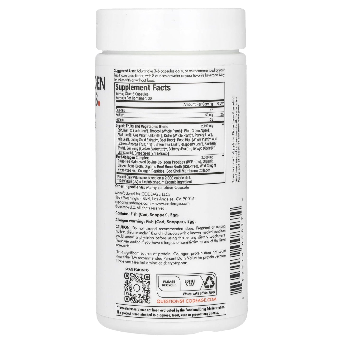 Codeage Multi Collagen Raw Greens Supplement, 180 Capsules, Grass-Fed & Non-GMO - Image 2