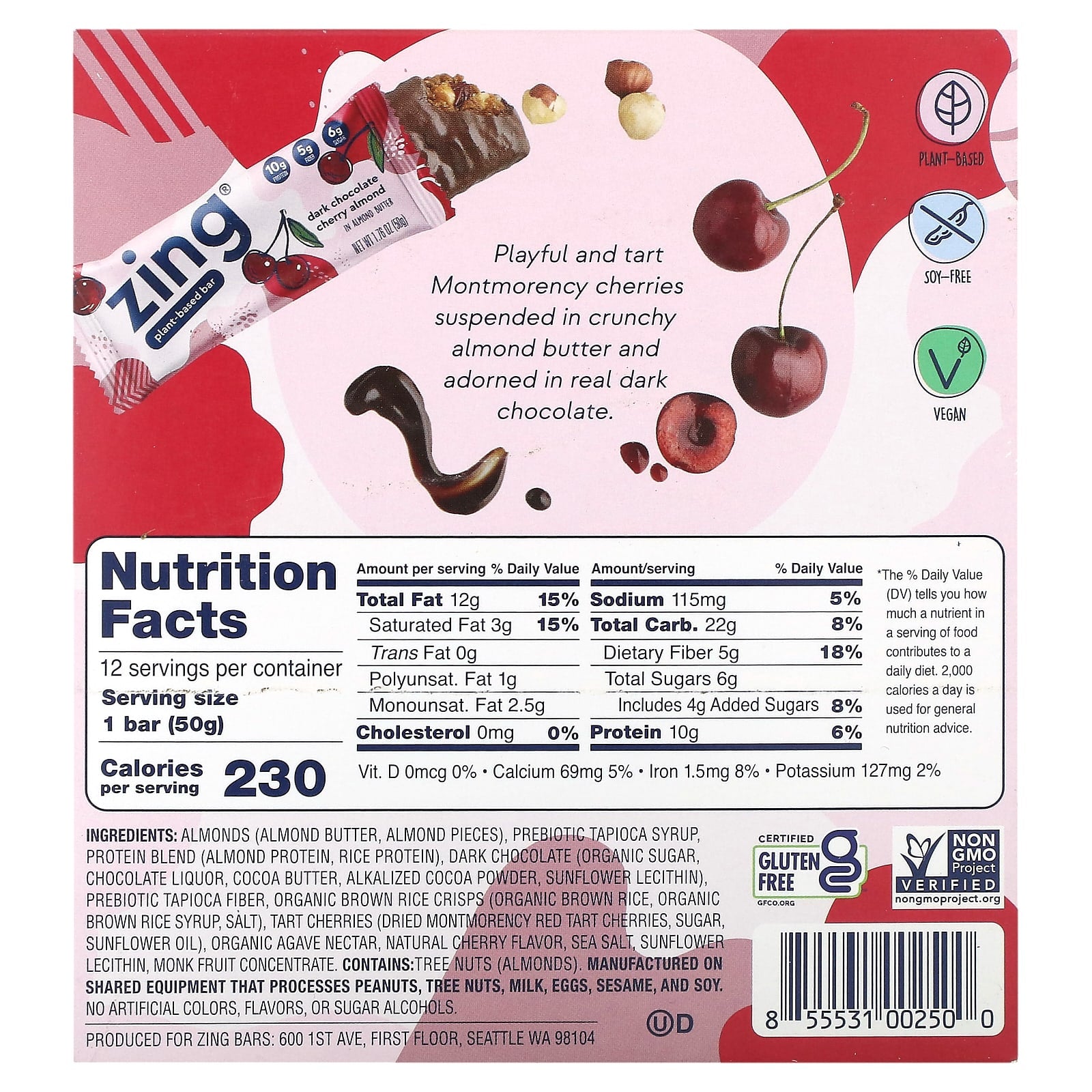 Zing Bars, Plant-Based Bar, Dark Chocolate Cherry Almond In Almond Butter, 12 Bars, 1.76 oz (50 g) Each - Image 2