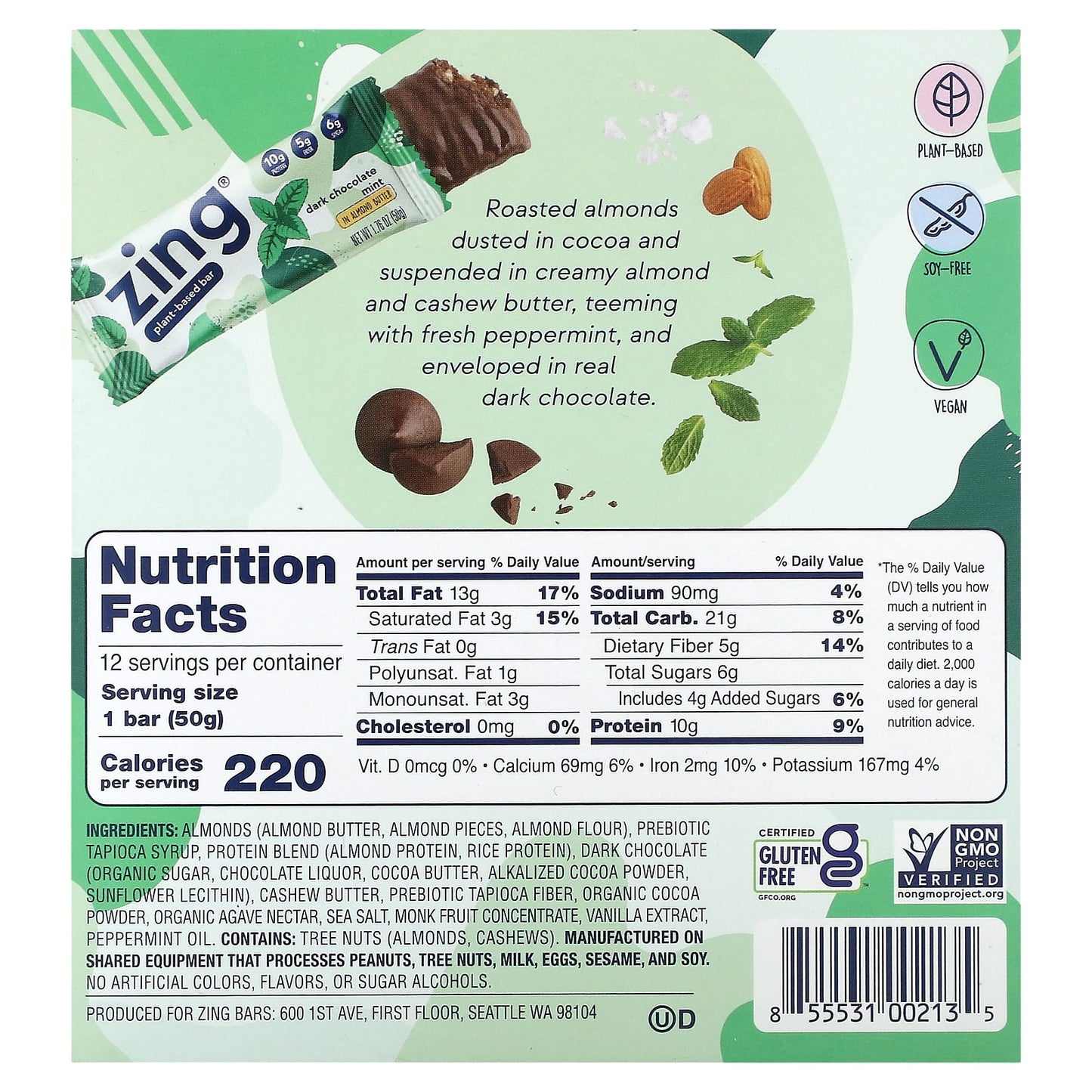 Zing Bars, Plant-Based Bar, Dark Chocolate Mint In Almond Butter, 12 Bars, 1.76 oz (50 g) Each - Image 2