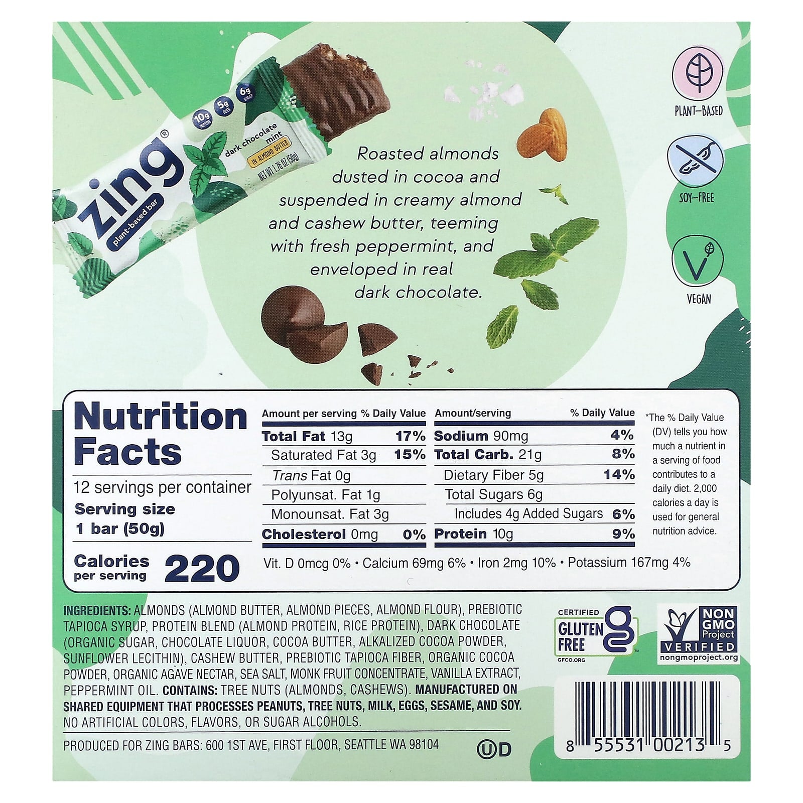 Zing Bars, Plant-Based Bar, Dark Chocolate Mint In Almond Butter, 12 Bars, 1.76 oz (50 g) Each - Image 2
