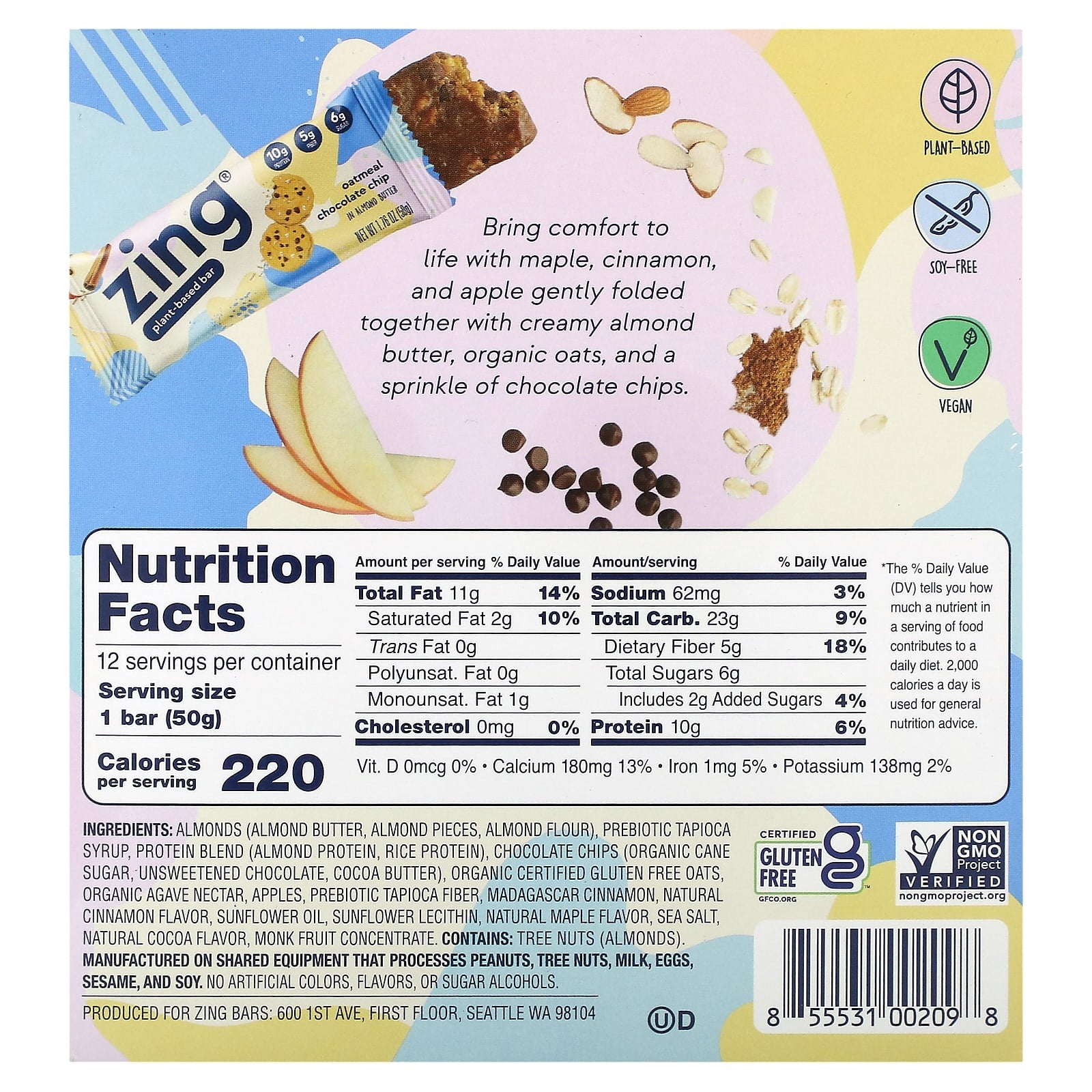 Zing Bars, Plant-Based Bar, Oatmeal Chocolate Chip In Almond Butter, 12 Bars, 1.76 oz (50 g) Each - Image 2