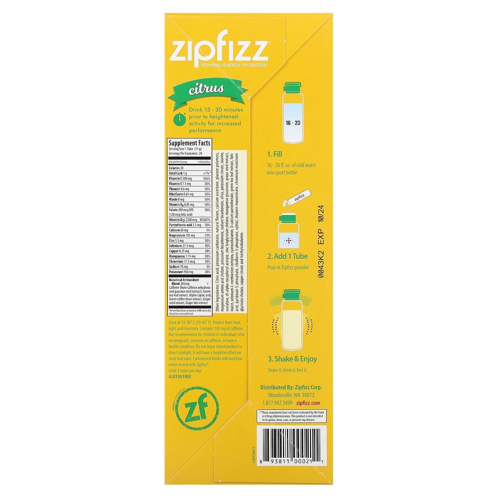 Zipfizz, Energy Drink Mix, Citrus, 20 Tubes, 0.39 oz (11 g) Each - Image 2