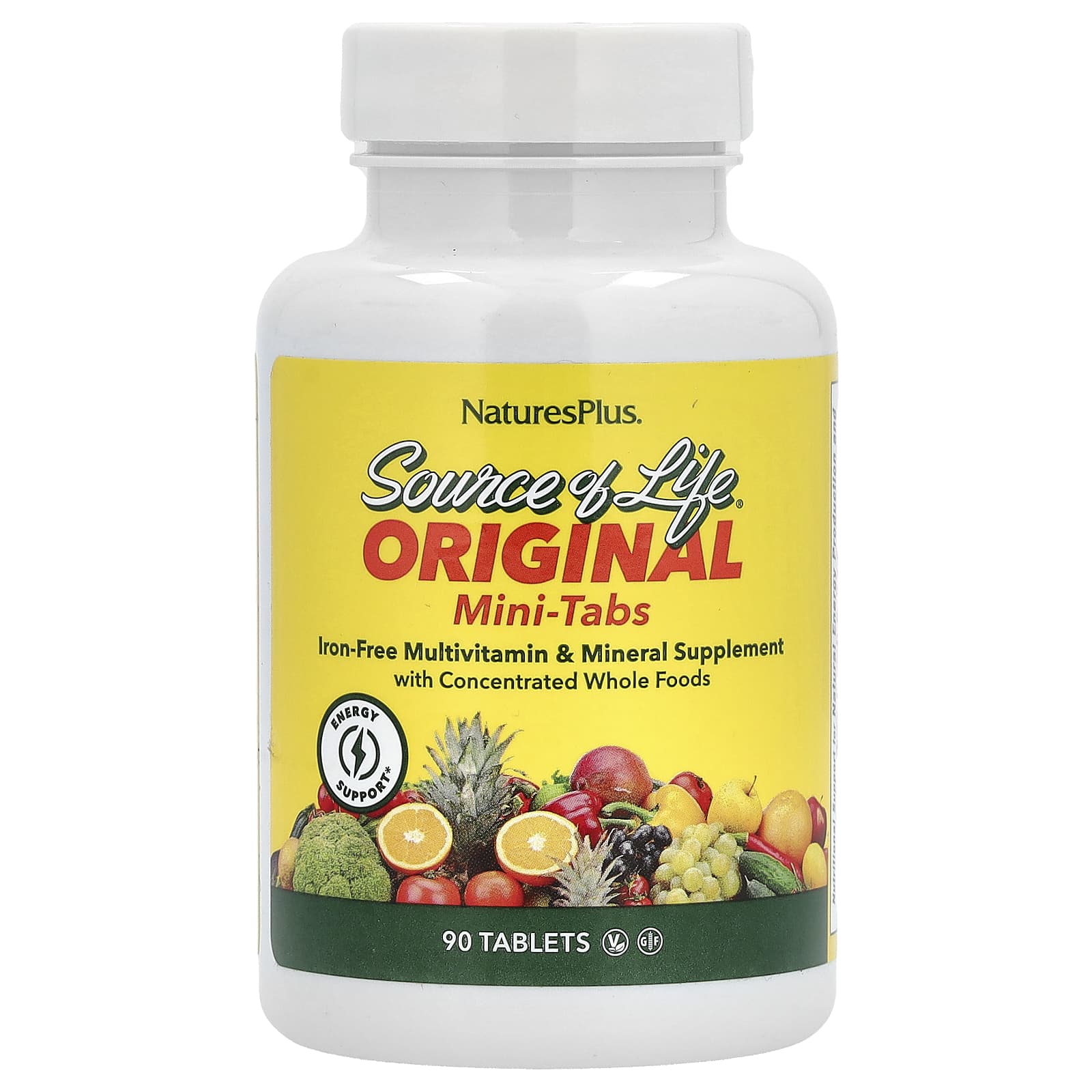 NaturesPlus, Source of Life, Original Mini-Tabs, Multivitamin & Mineral Supplement, Iron Free, 90 Tablets - Image 1