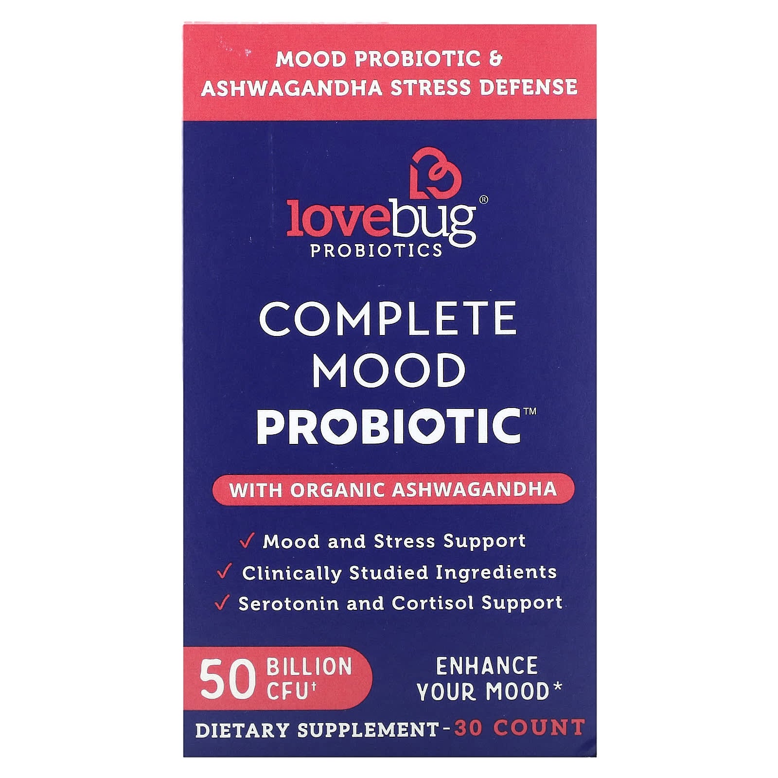 LoveBug Probiotics, Complete Mood Probiotic with Organic Ashwagandha, 50 Billion CFU, 30 Count - Image 1