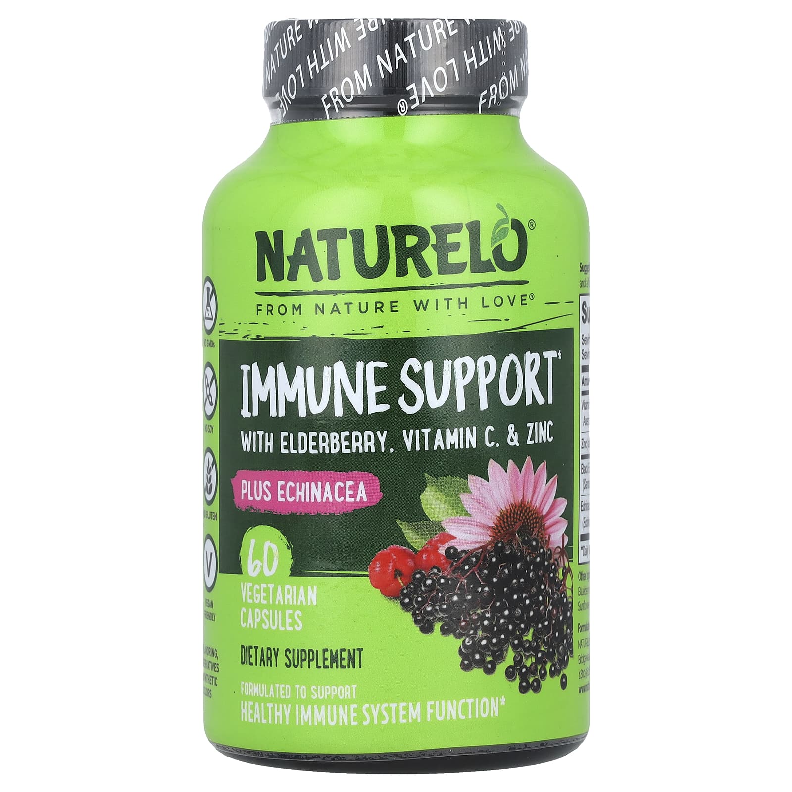 NATURELO, Immune Support with Elderberry, Vitamin C & Zinc plus Echinacea, 60 Vegetarian Capsules - Image 1