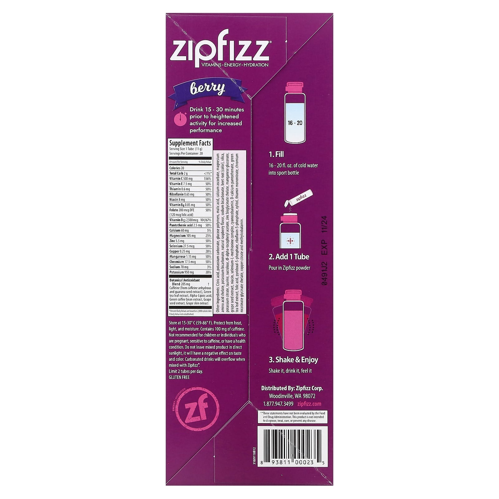 Zipfizz, Energy Drink Mix, Berry, 20 Tubes, 0.39 oz (11 g) Each - Image 2