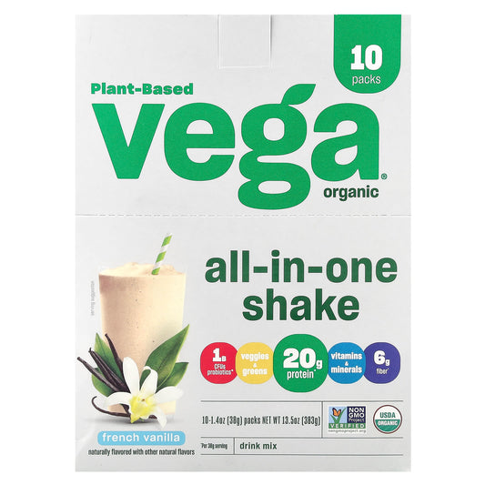 Vega, Plant-Based Organic All-In-One Shake, French Vanilla, 10 Pack, 1.4 oz (38 g) Each - Image 1